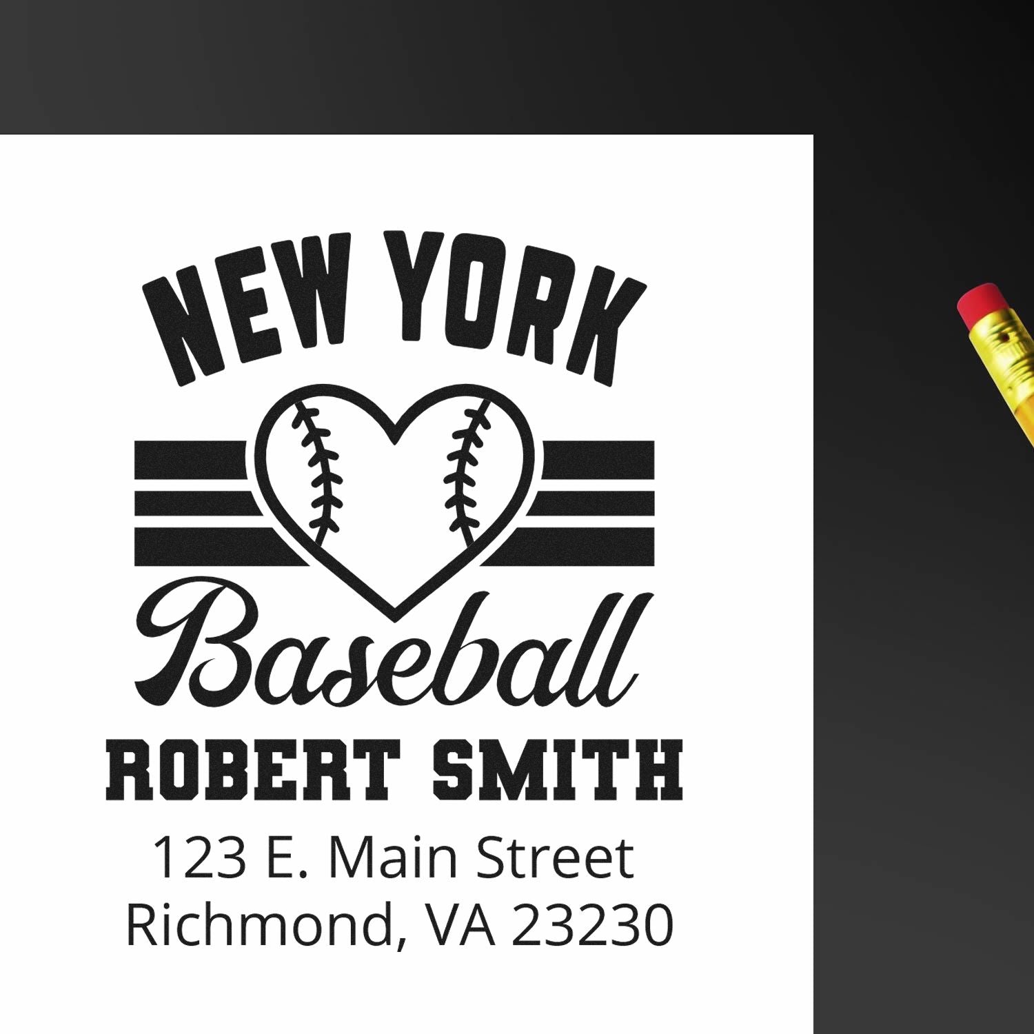 Custom New York baseball address stamp with heart logo, Robert Smith name, and Richmond, VA address.