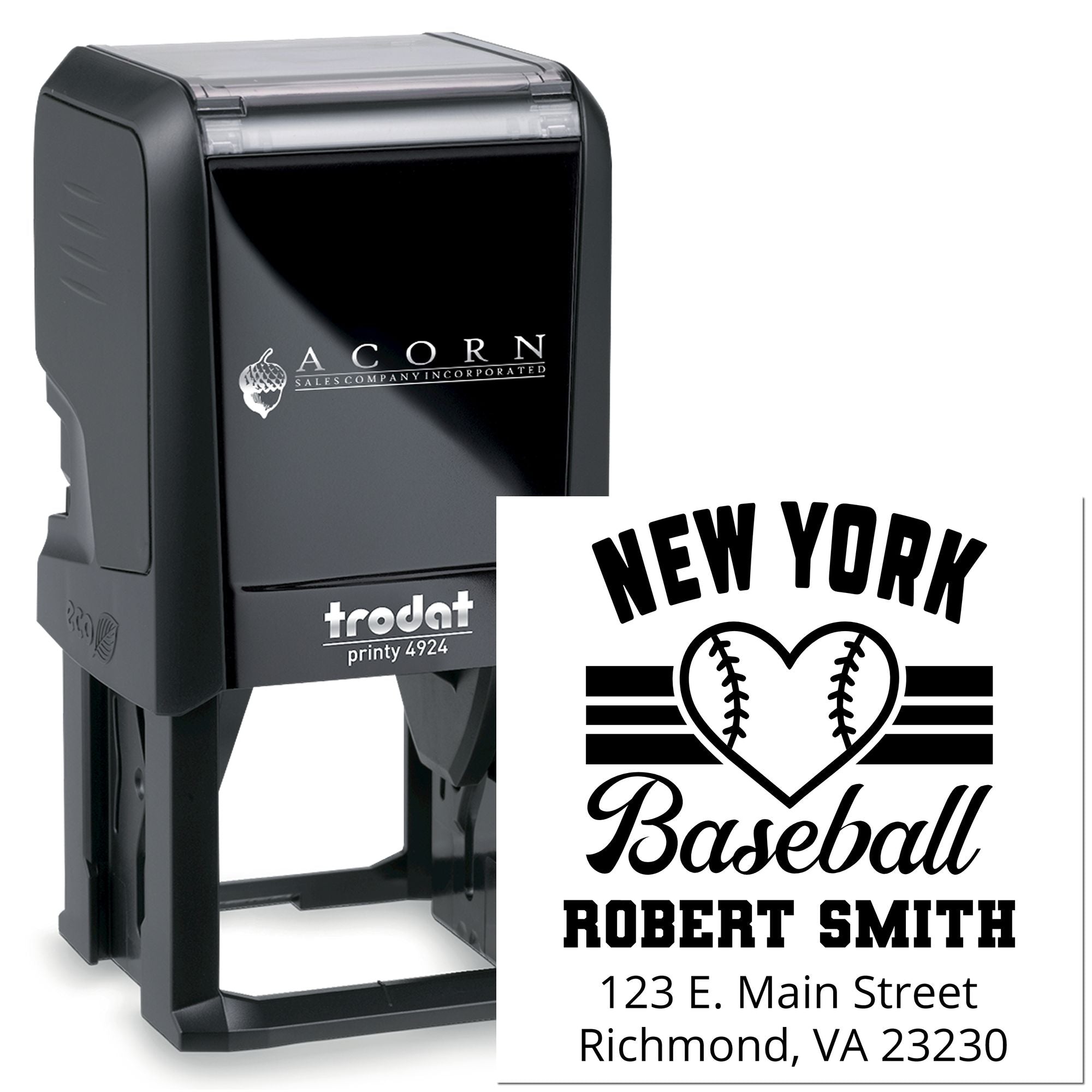 Custom self-inking rubber stamp with baseball logo and address imprint for New York baseball fan, Trodat Printy 4924.