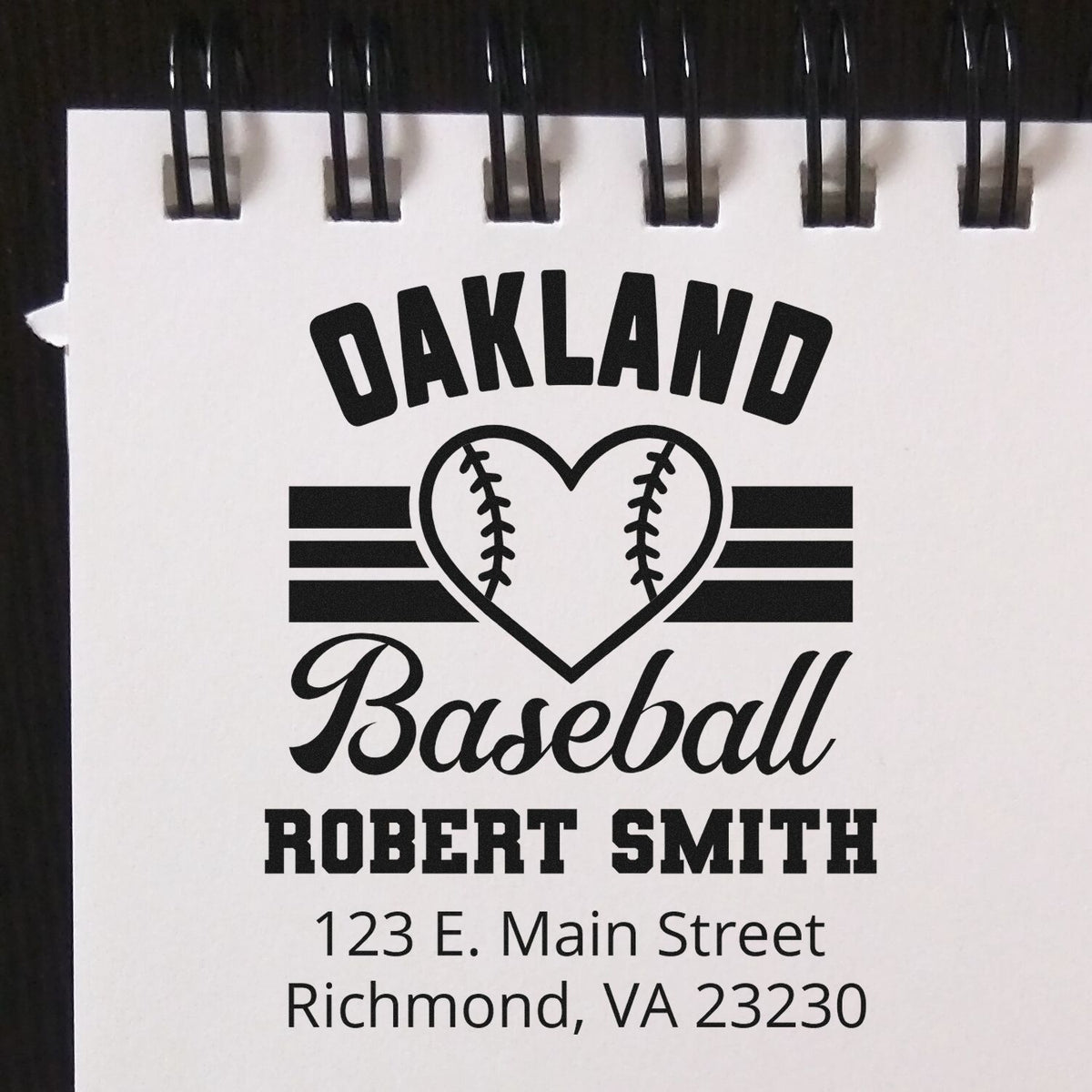 Personalized rubber stamp design for Oakland baseball fan Robert Smith with name and Richmond, VA address.