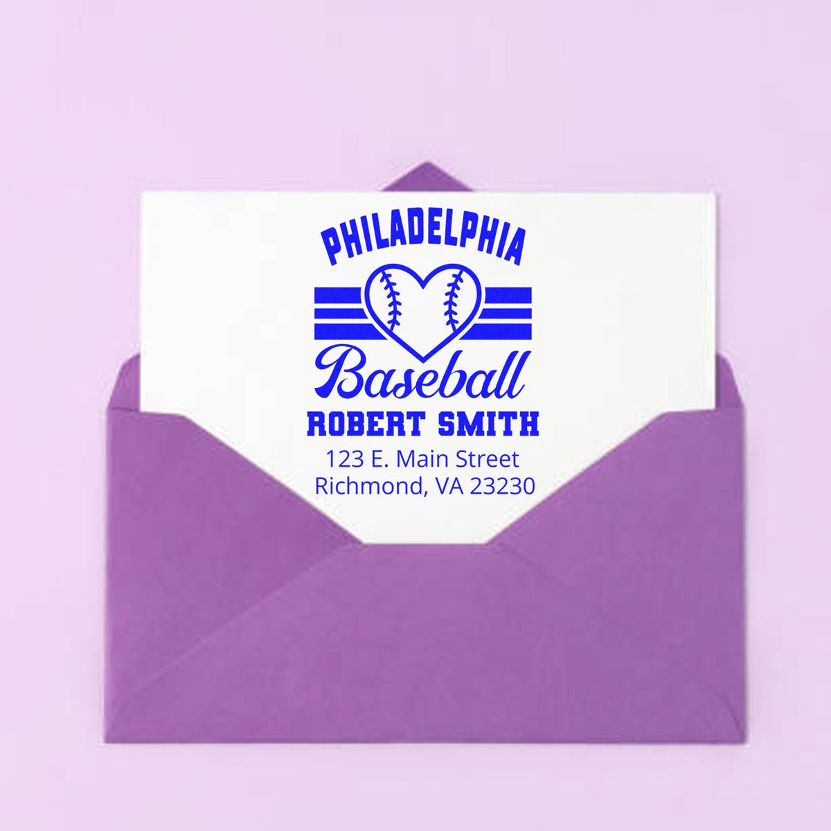 Custom Philadelphia baseball return address rubber stamp with heart baseball design, Robert Smith name, and mailing address.