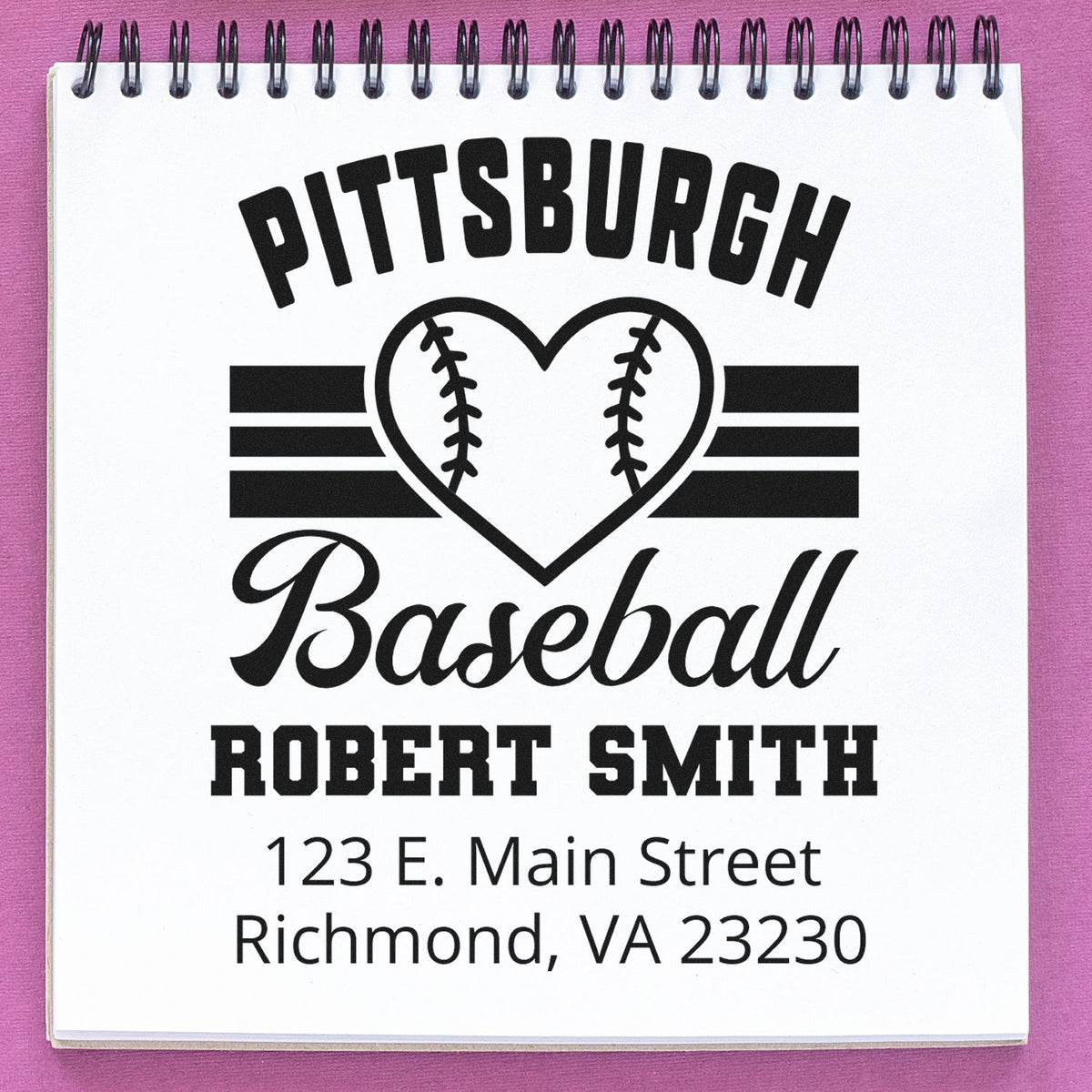 Personalized Pittsburgh baseball address rubber stamp with heart logo, name, and return mailing address.