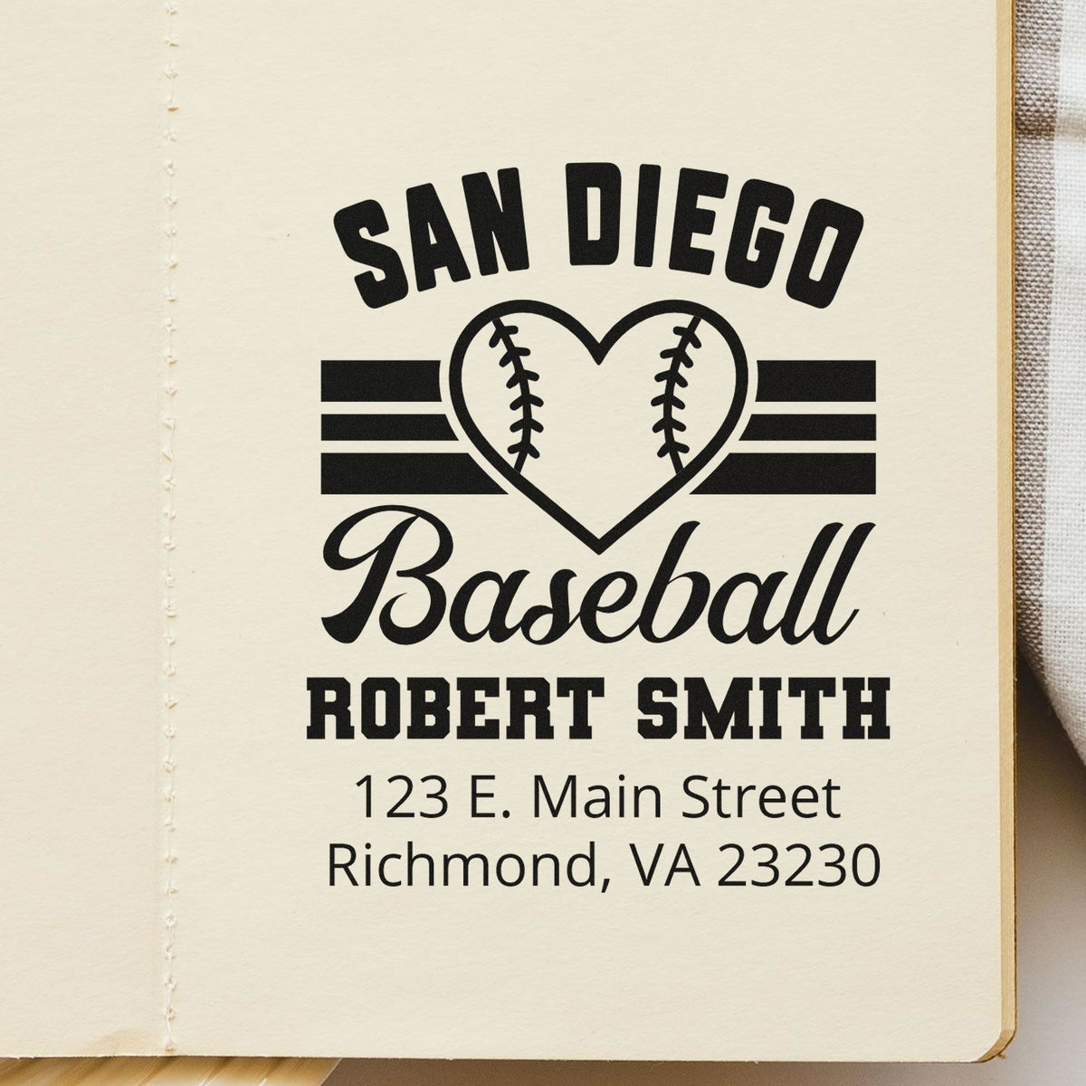 Custom San Diego baseball rubber stamp with heart design, Robert Smith name, and address for personalized mailing.