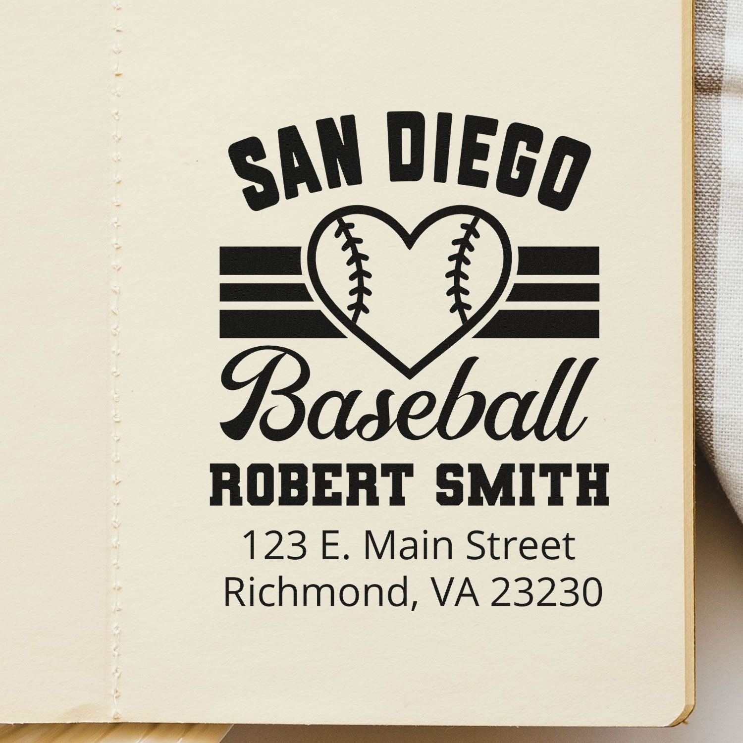 Personalized San Diego baseball return address rubber stamp for Robert Smith, Richmond, VA