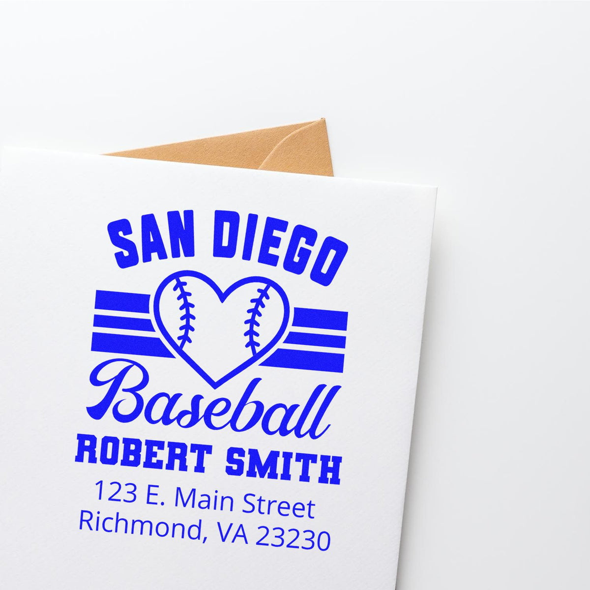 Custom baseball rubber stamp for San Diego Baseball with Robert Smith address, printed in blue on a note card.