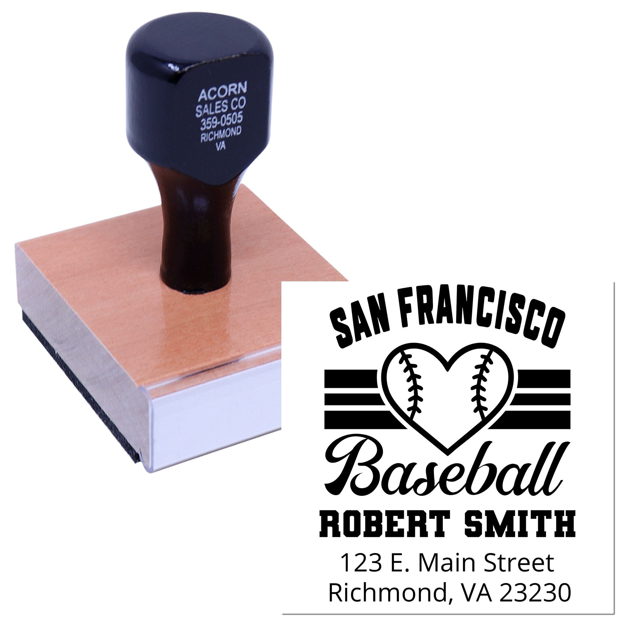 Custom self-inking rubber stamp with baseball logo and address imprint for San Francisco baseball branding.
