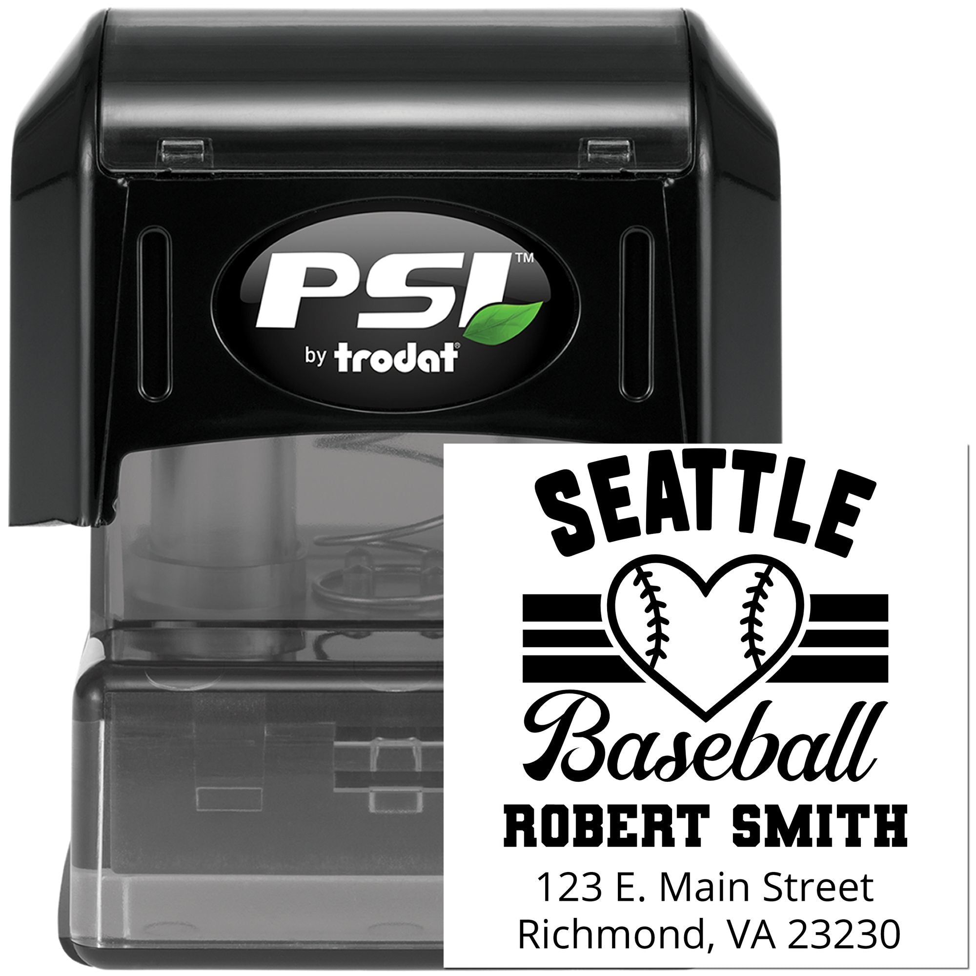 Custom self-inking baseball address rubber stamp by PSI Trodat for Robert Smith, Richmond VA.