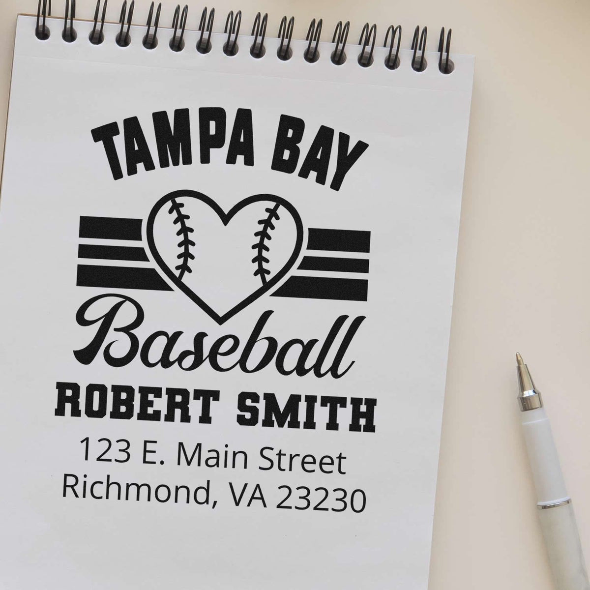 Custom Tampa Bay Baseball rubber stamp proof with personalized name and address for Robert Smith, Richmond VA.