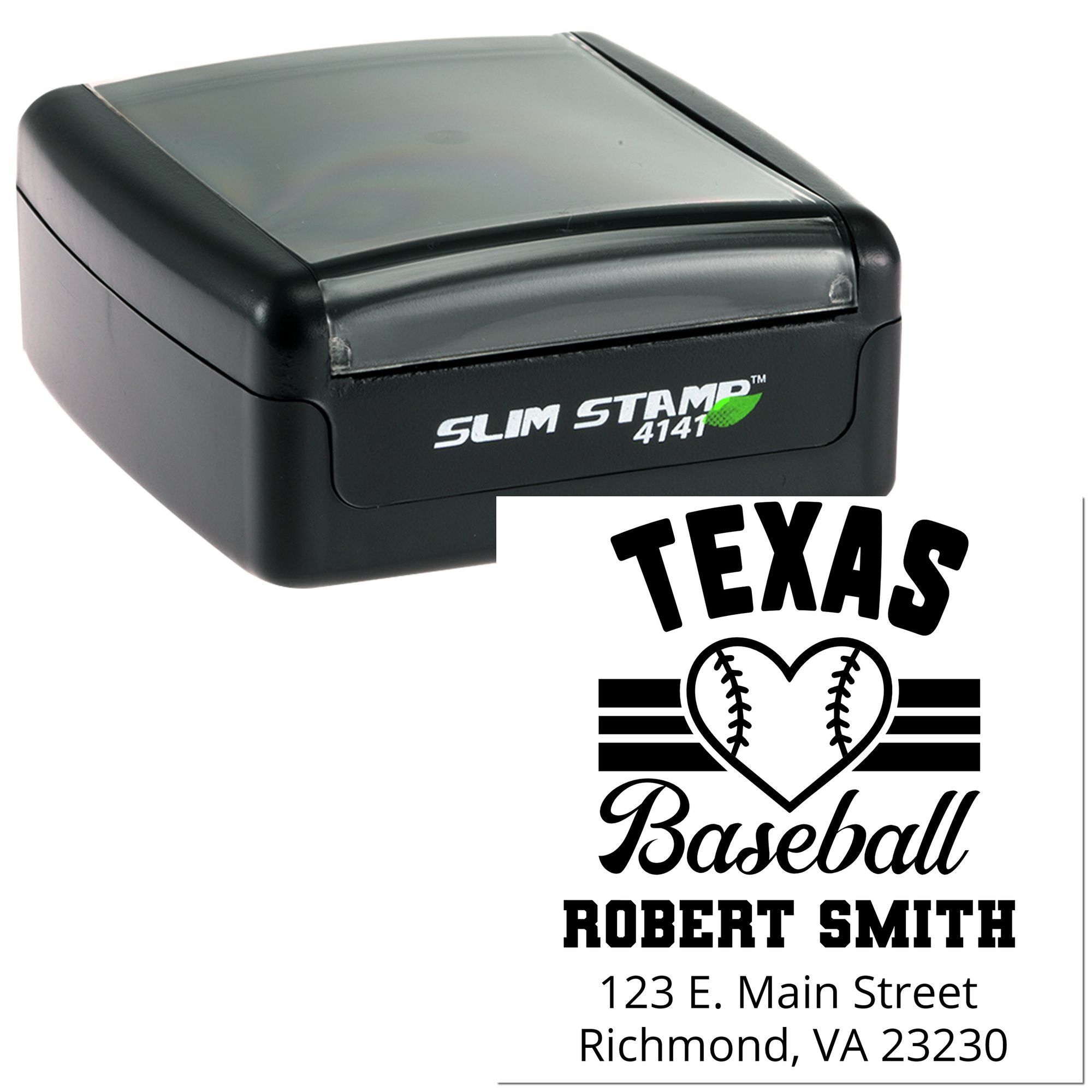 Personalized Texas baseball address rubber stamp with Slim Stamp self-inking design for Robert Smith, Richmond, VA.