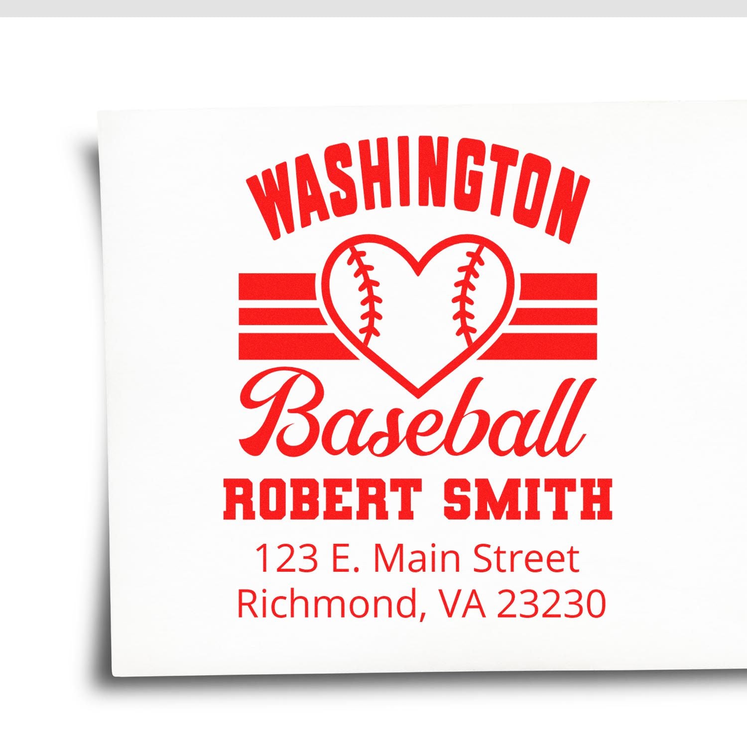 Custom Washington Baseball rubber stamp with heart baseball graphic, Robert Smith name, and Richmond, VA return address.