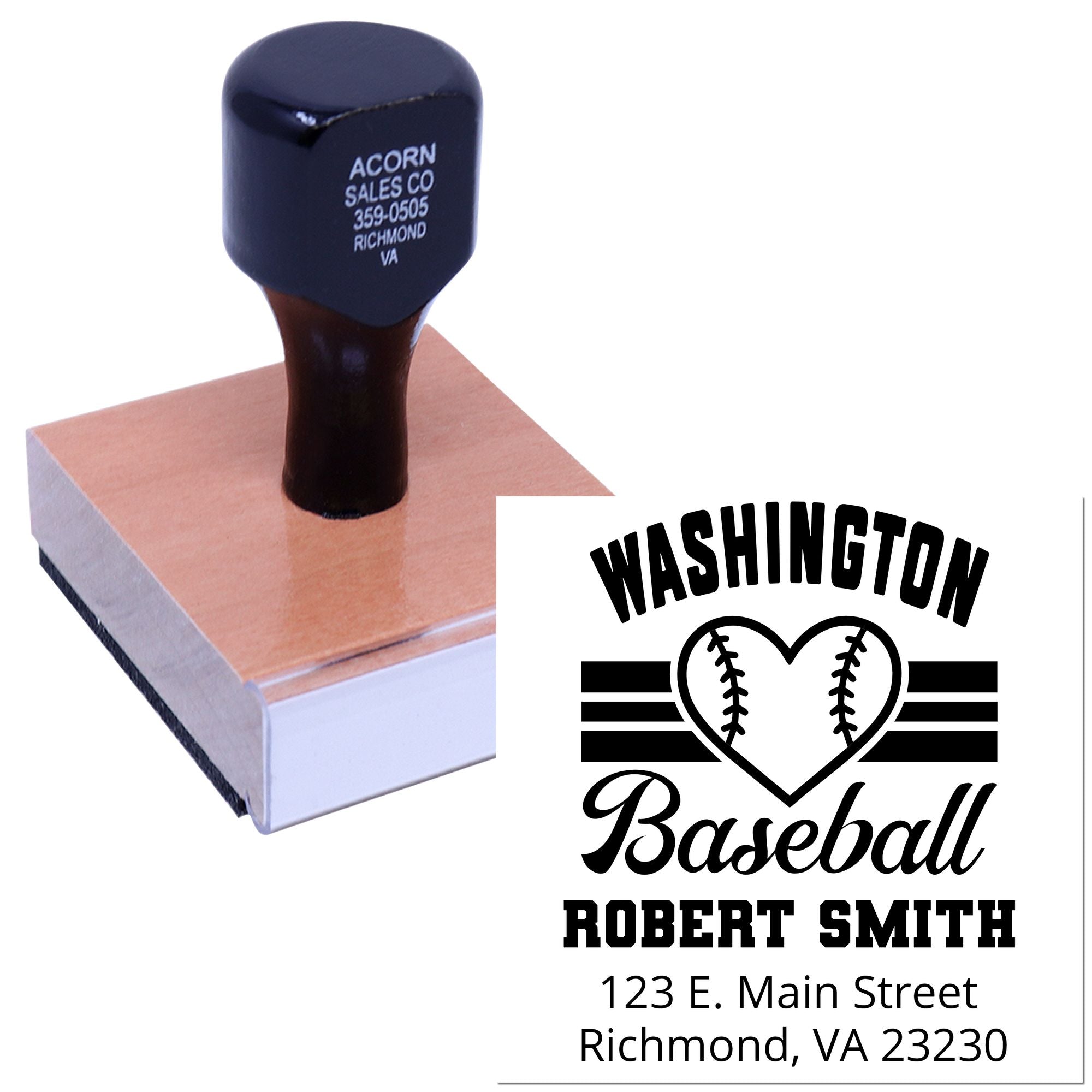Personalized Washington Baseball rubber stamp with Robert Smith name, address, and logo design on a wood mount.