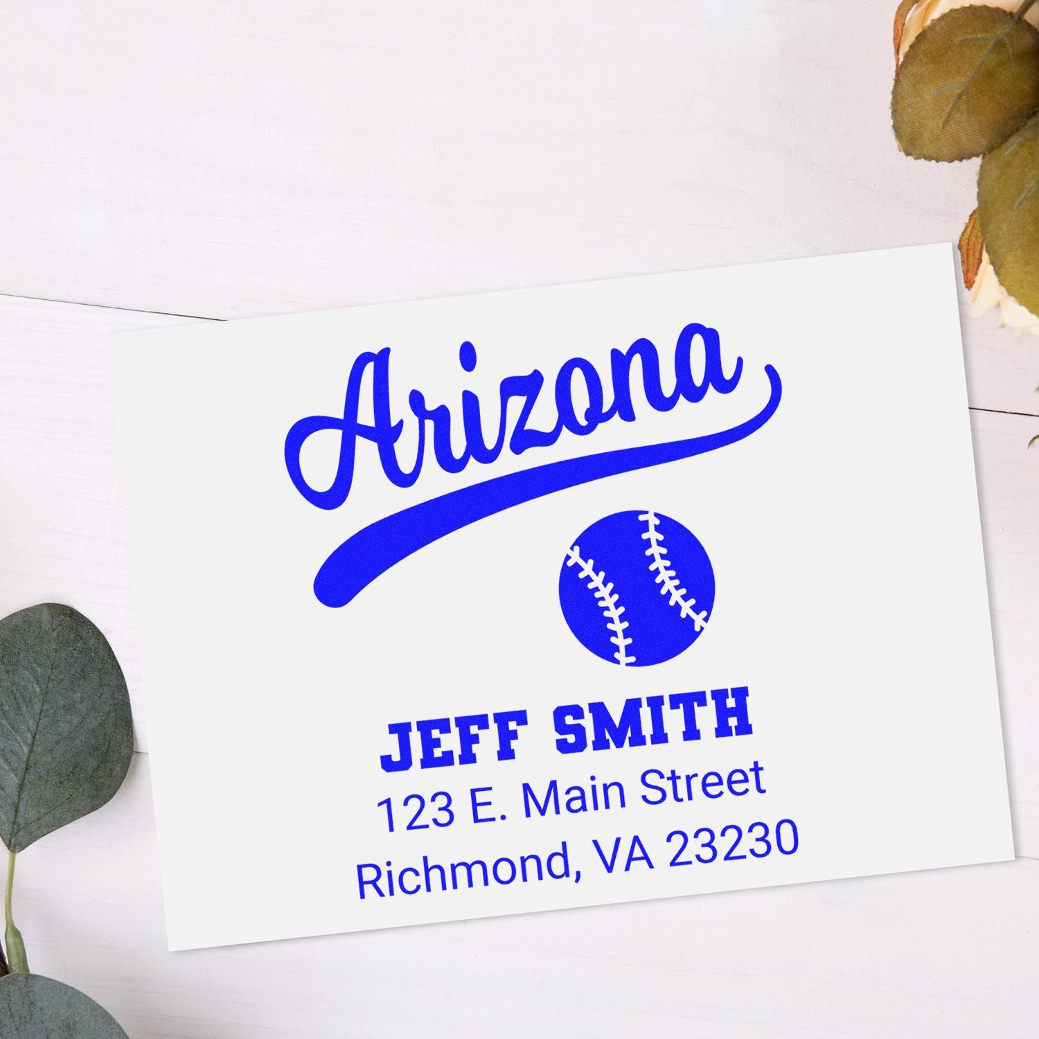 Personalized Arizona baseball rubber stamp with name, address, and baseball icon for custom mail and branding.