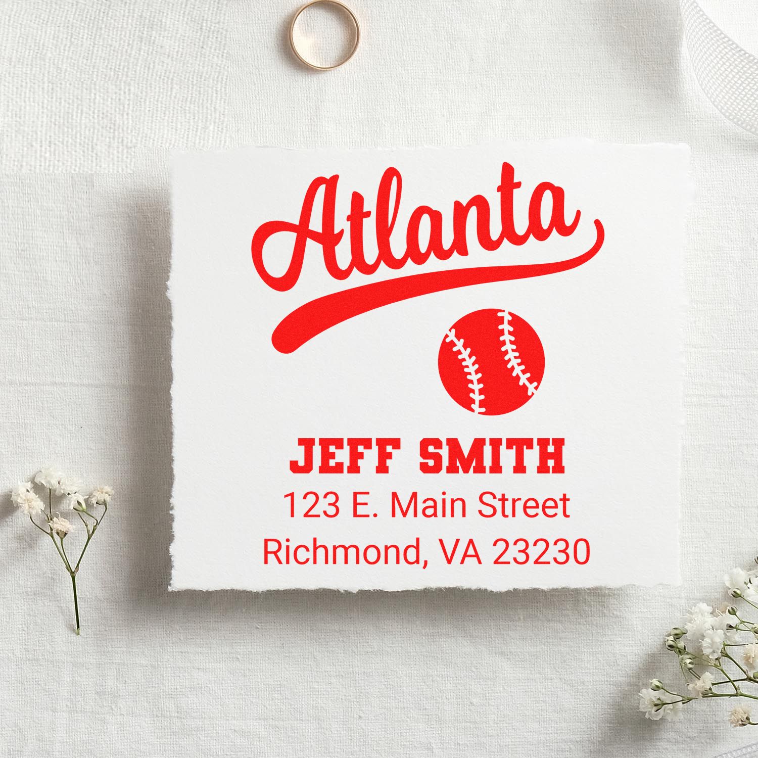 Custom Atlanta baseball return address rubber stamp with Jeff Smith name and Richmond, VA address.