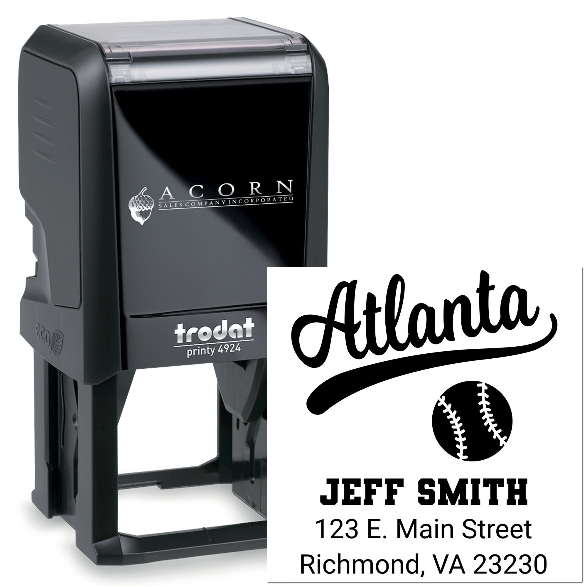 Trodat self-inking rubber stamp for Atlanta with baseball design, Jeff Smith name, and address imprint.