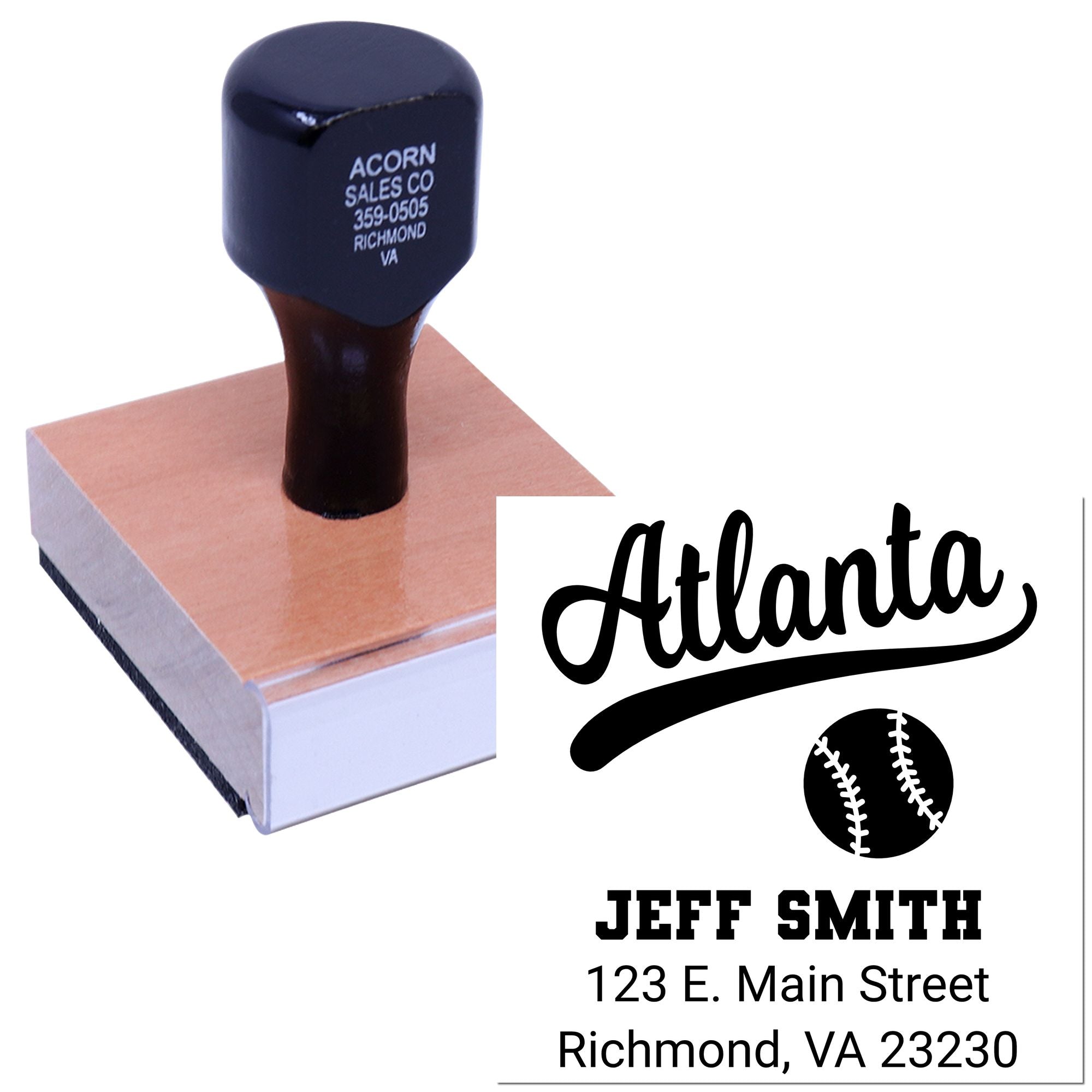 Custom Atlanta baseball rubber stamp with Jeff Smith name and Richmond address for return mail and business use.