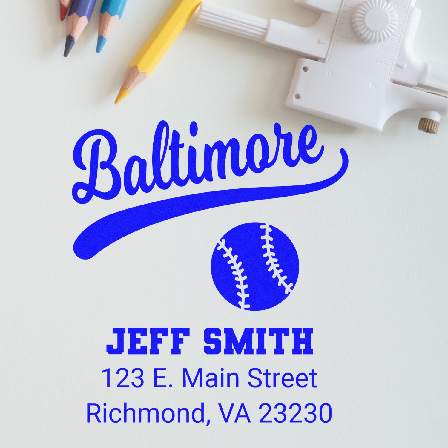 Custom Baltimore baseball address stamp with Jeff Smith name and mailing address for personalized business branding.