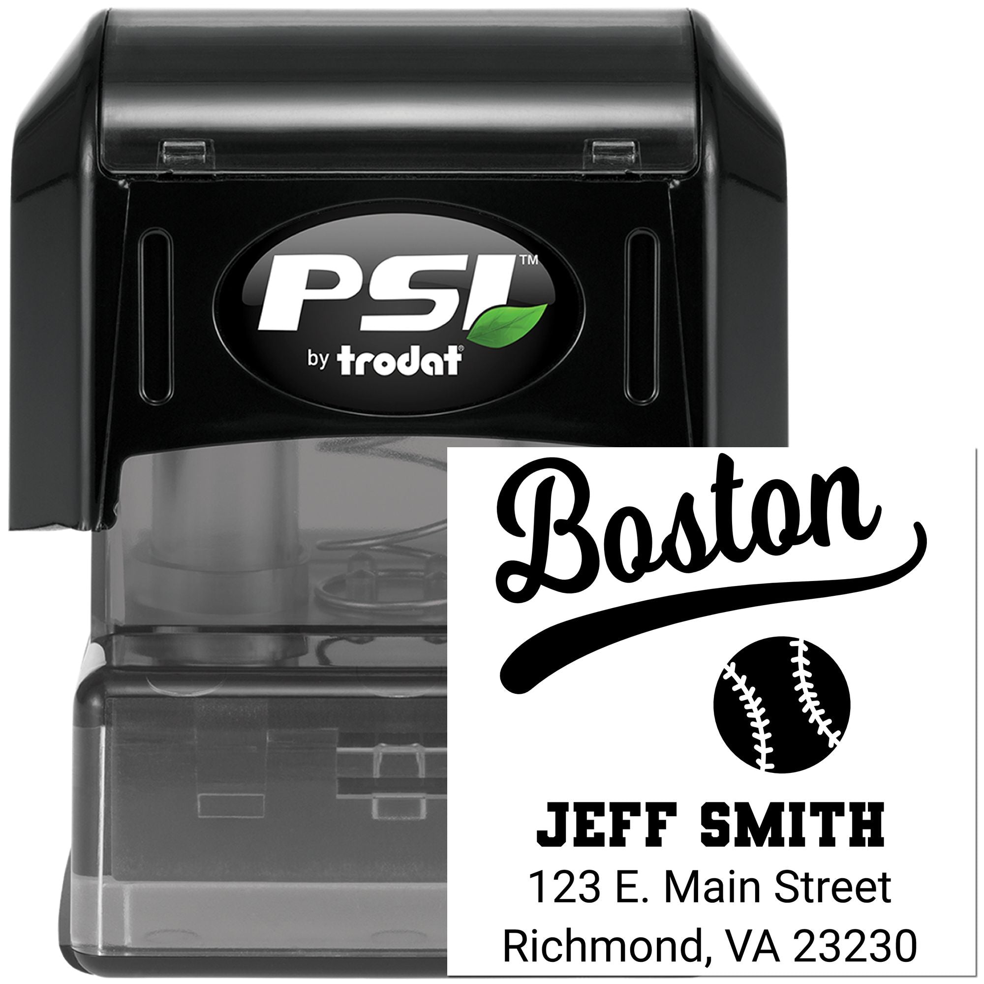 Custom baseball return address rubber stamp for Boston, featuring Jeff Smith name and mailing address by PSI Trodat.