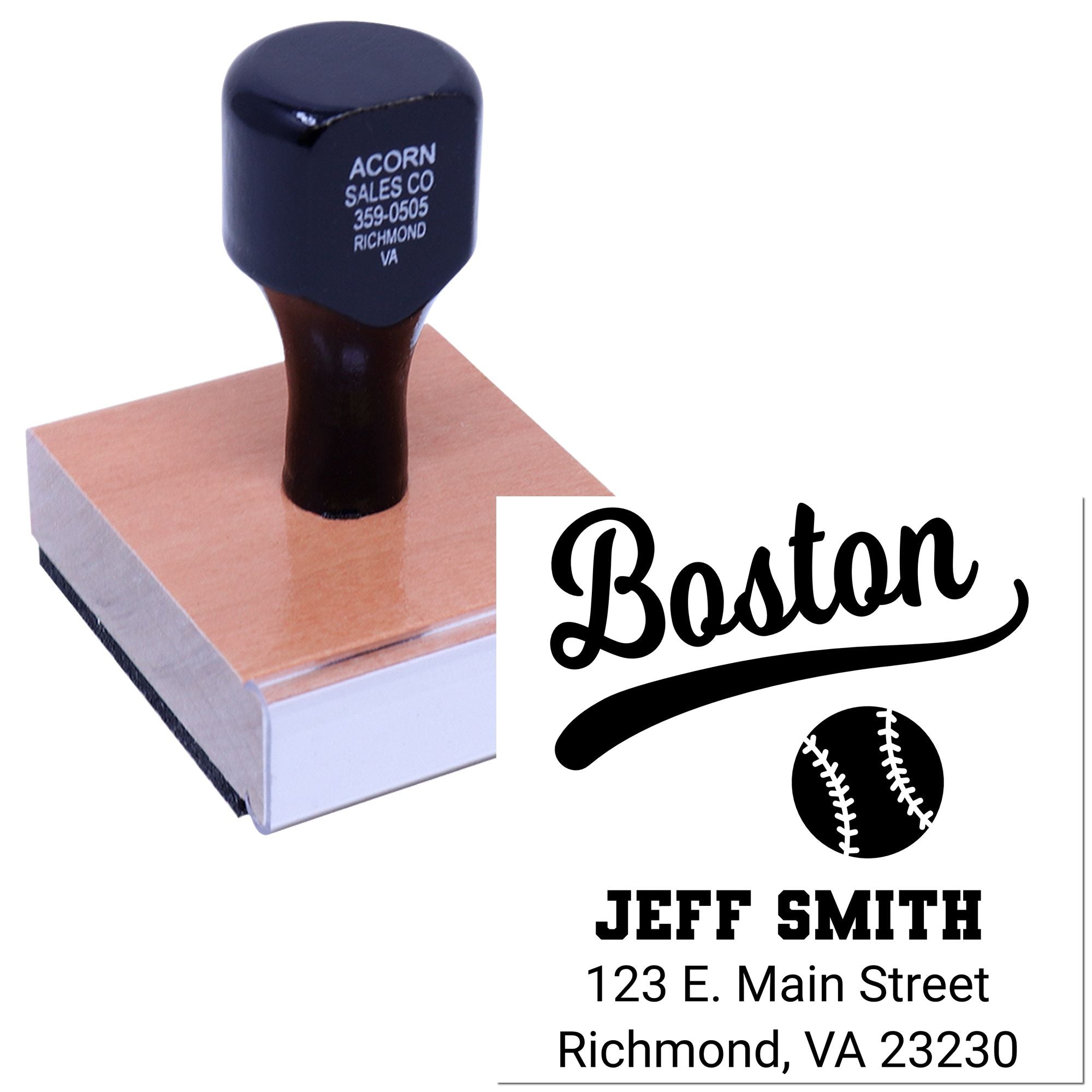 Custom baseball address rubber stamp with Boston design and Jeff Smith return address, Richmond VA.