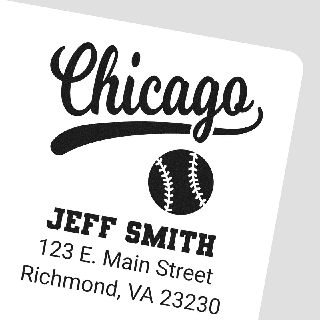 Personalized rubber address stamp for Jeff Smith, featuring Chicago baseball design and Richmond, VA 23230 return address.