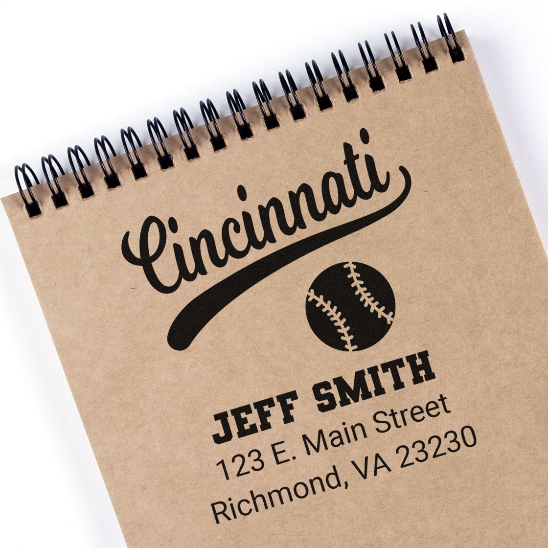 Custom baseball address rubber stamp design featuring Cincinnati, Jeff Smith, and Richmond, VA address.