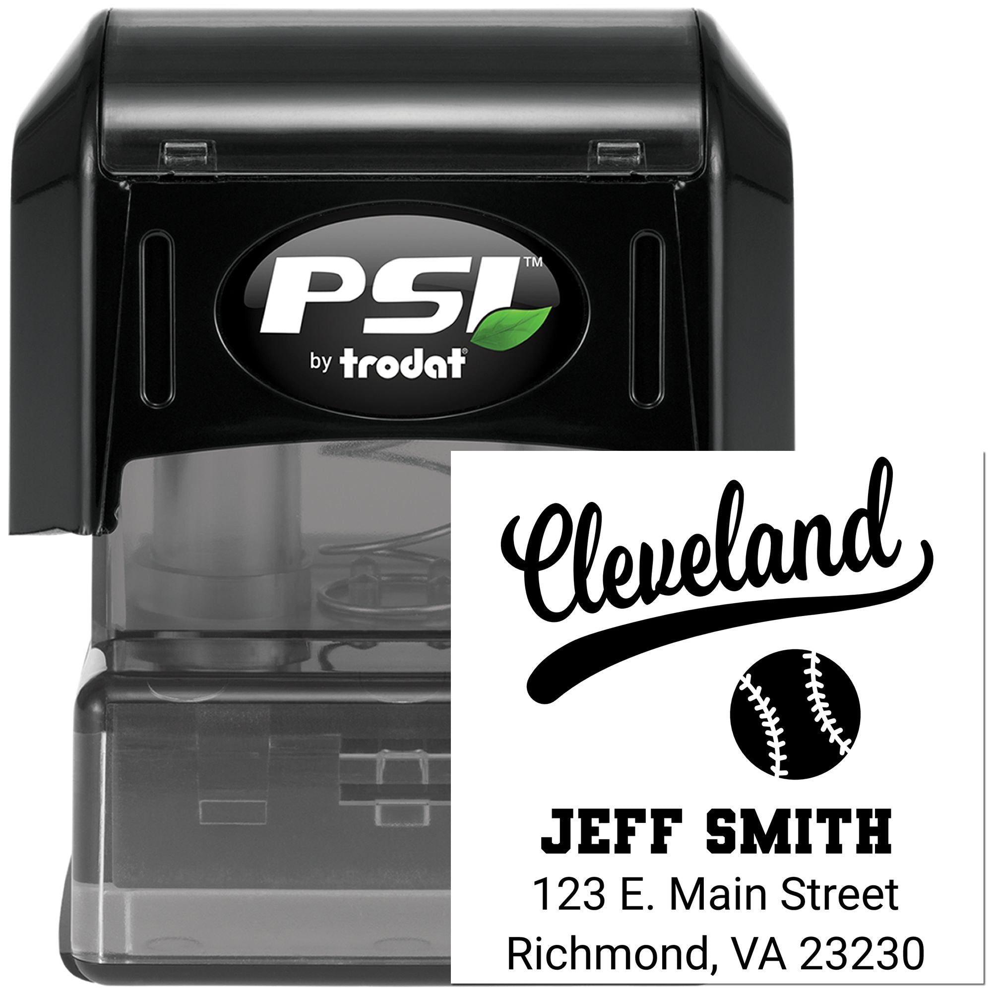 PSI by Trodat self-inking rubber stamp with custom Cleveland baseball return address imprint for mailing