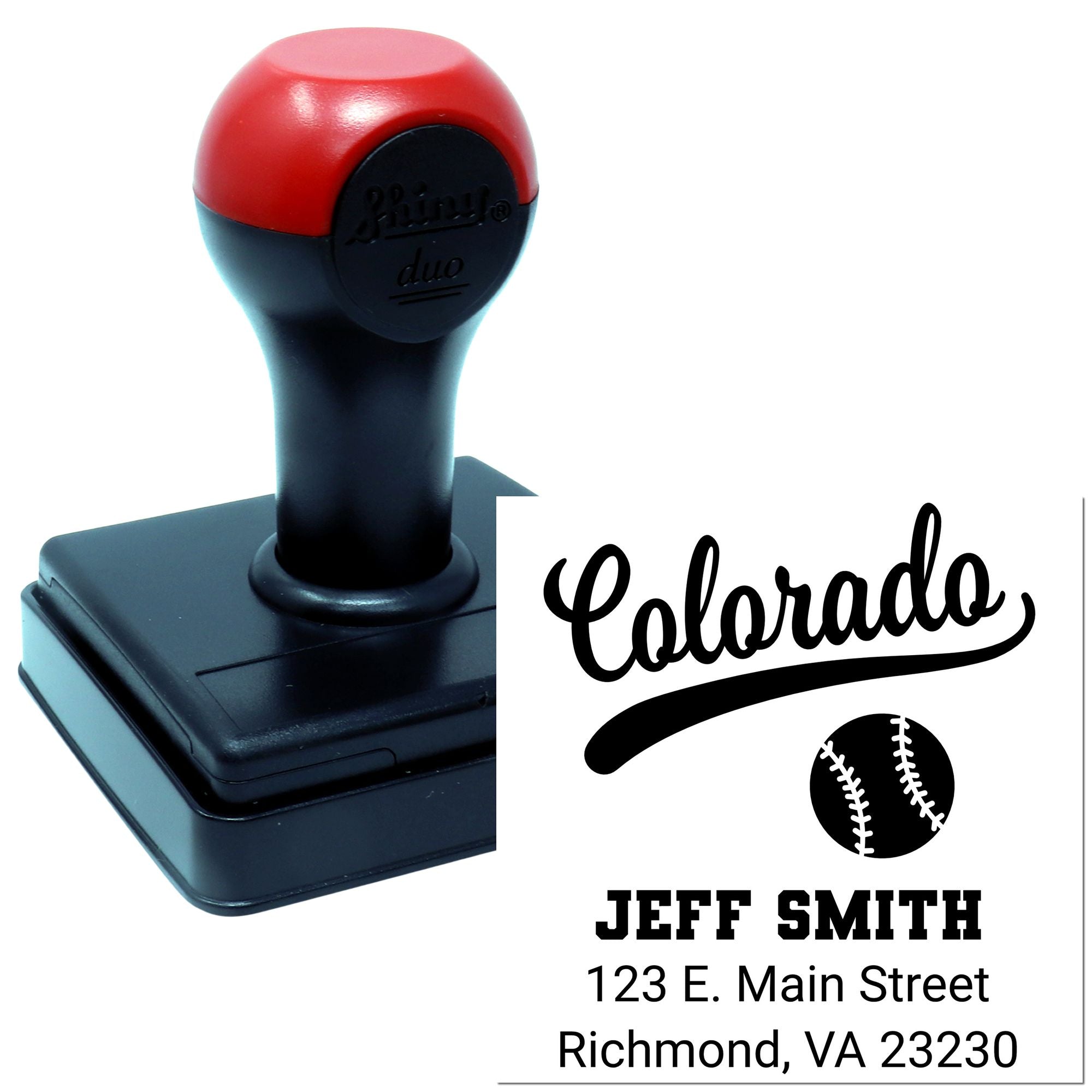 Custom Colorado baseball address rubber stamp with self-inking handle, personalized name, and return address design.