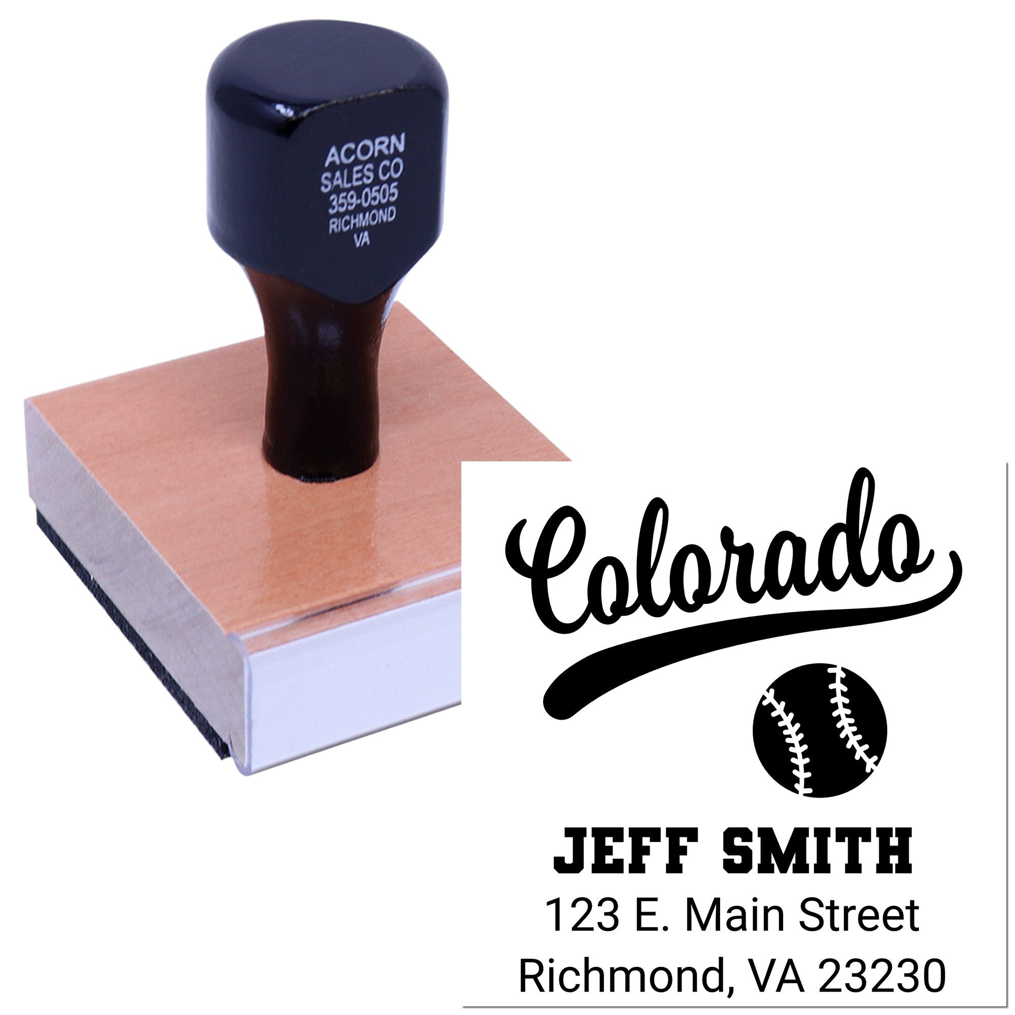 Custom baseball address rubber stamp with name and return address for sports-themed mailing envelopes and cards
