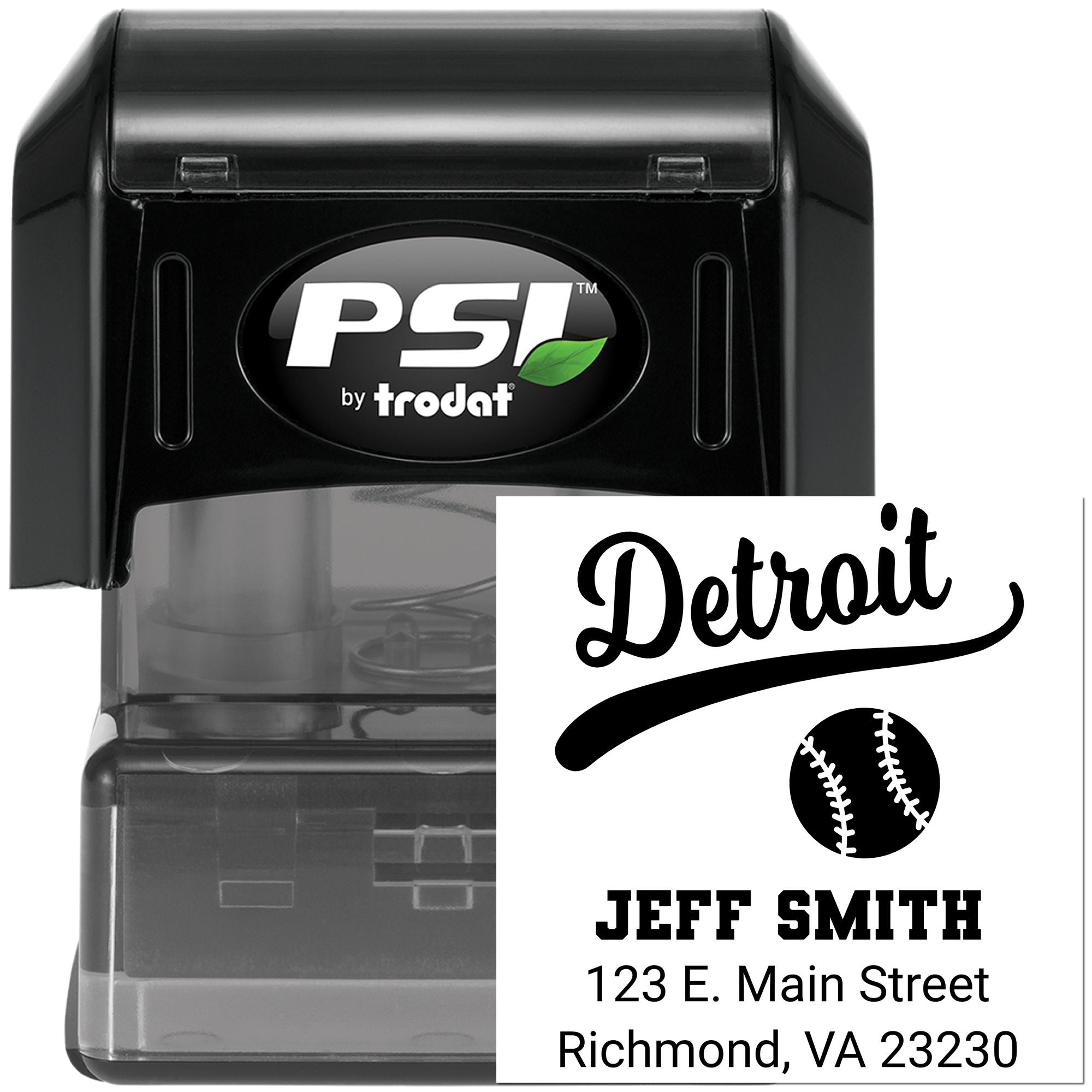 Custom self-inking rubber stamp for Detroit baseball return address labels with name, address and logo.