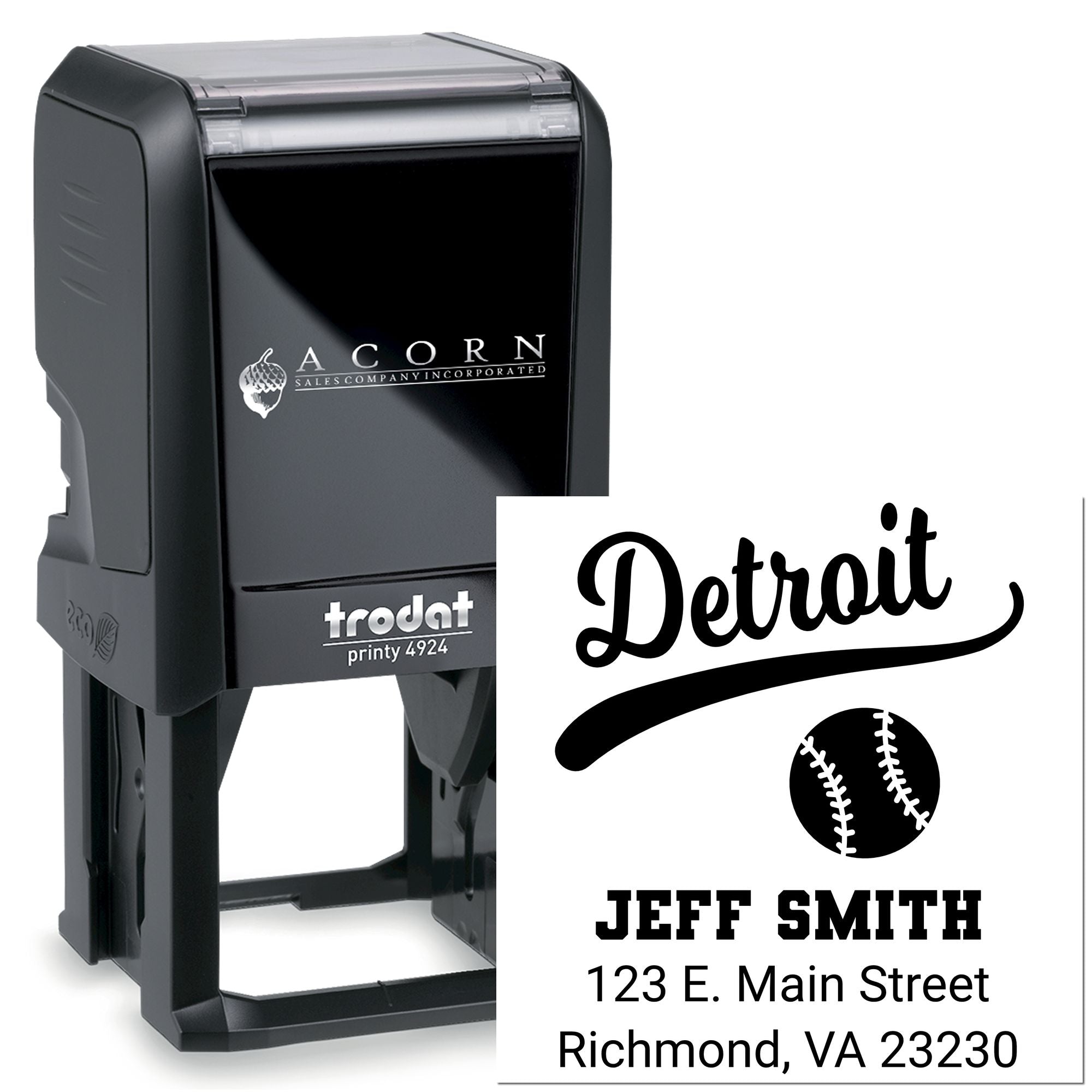 Custom self-inking rubber stamp with Detroit baseball design, name, and address for business mailing.