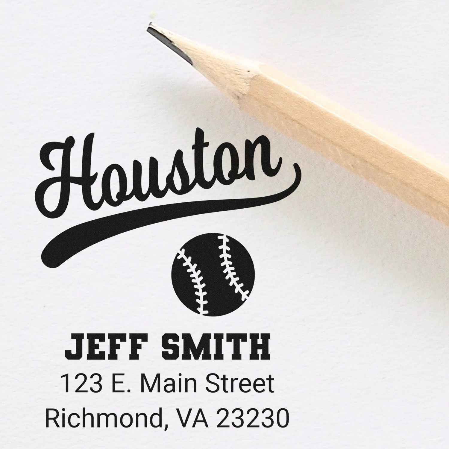 Houston baseball custom rubber stamp proof with Jeff Smith name and address, shown with pencil.
