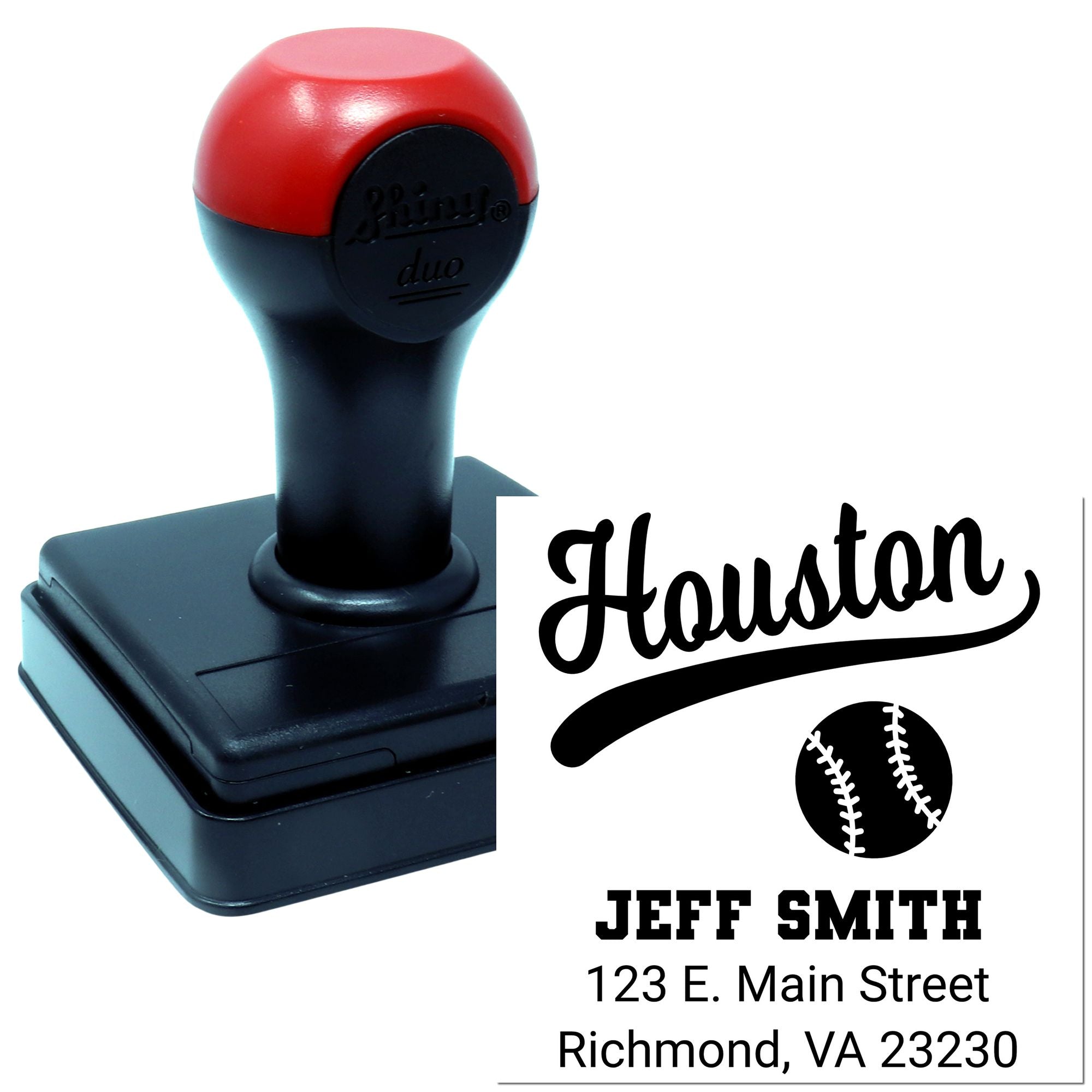 Custom self-inking rubber stamp for baseball return address, personalized with Houston, Jeff Smith, and Richmond, VA.