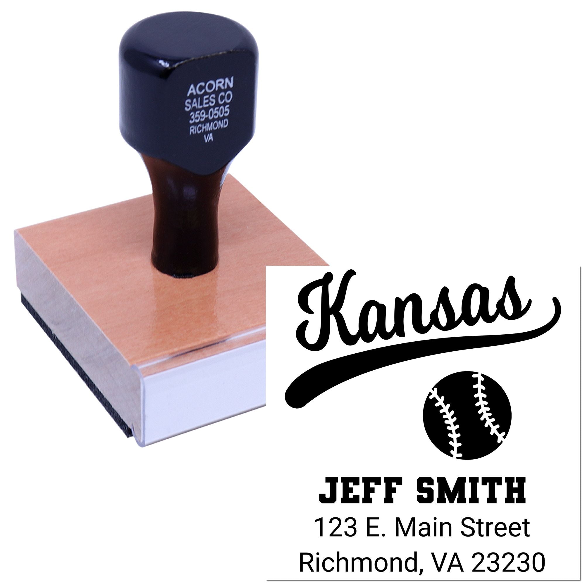 Custom baseball return address rubber stamp with Kansas design, Jeff Smith name, and Richmond, VA address.