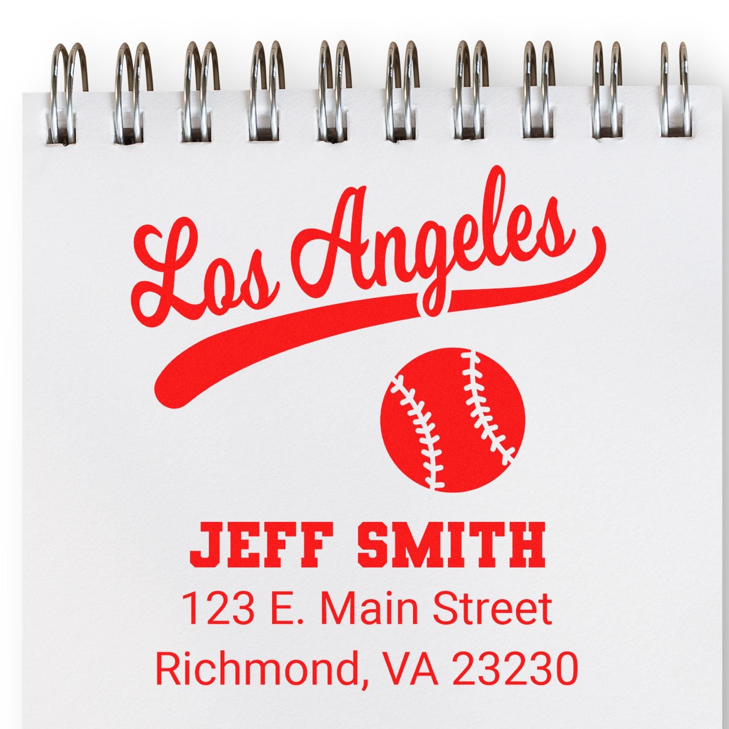 Custom Los Angeles baseball return address rubber stamp for Jeff Smith, 123 E. Main Street, Richmond, VA 23230