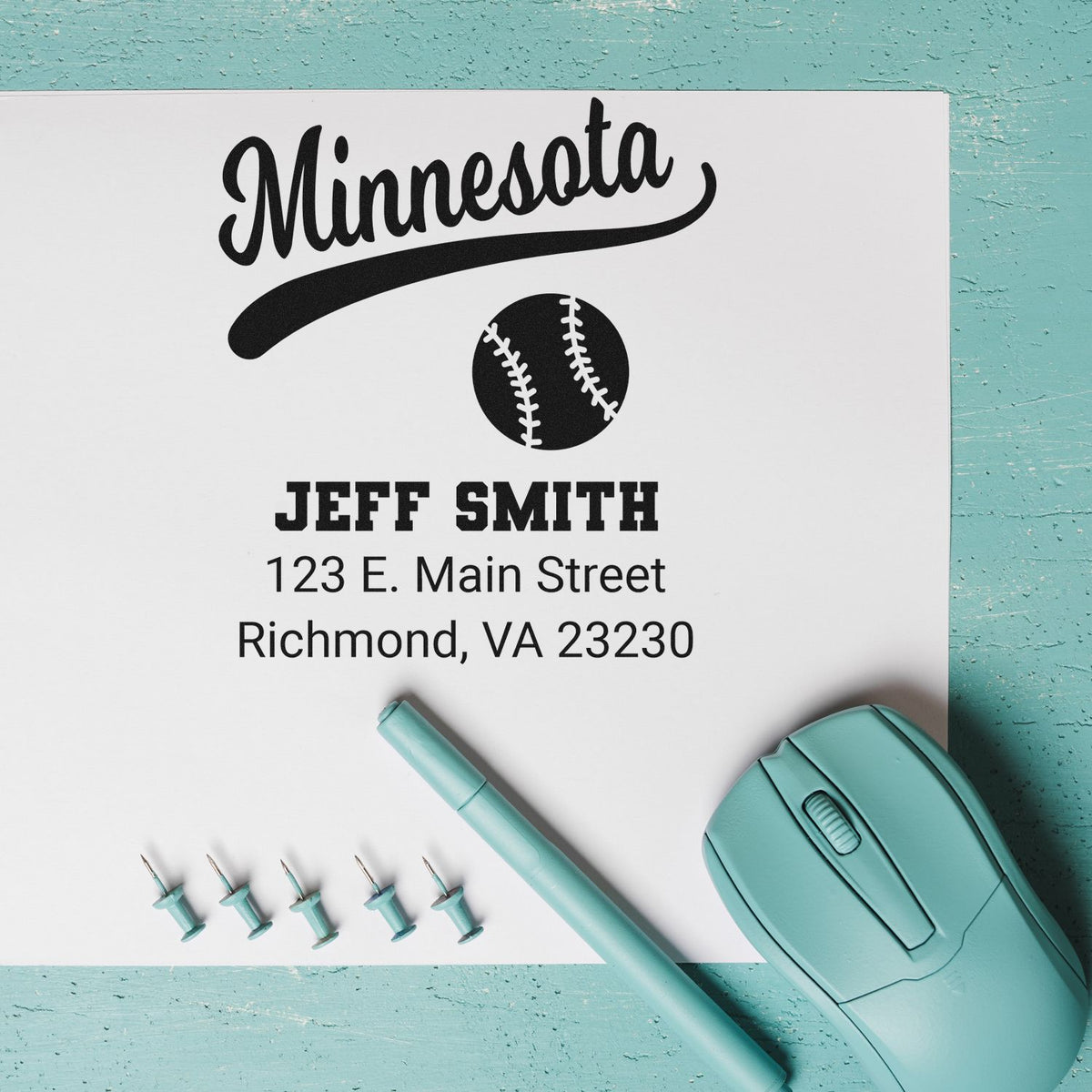 Custom Minnesota baseball return address rubber stamp with name, street address and city for personalized mail and envelopes.