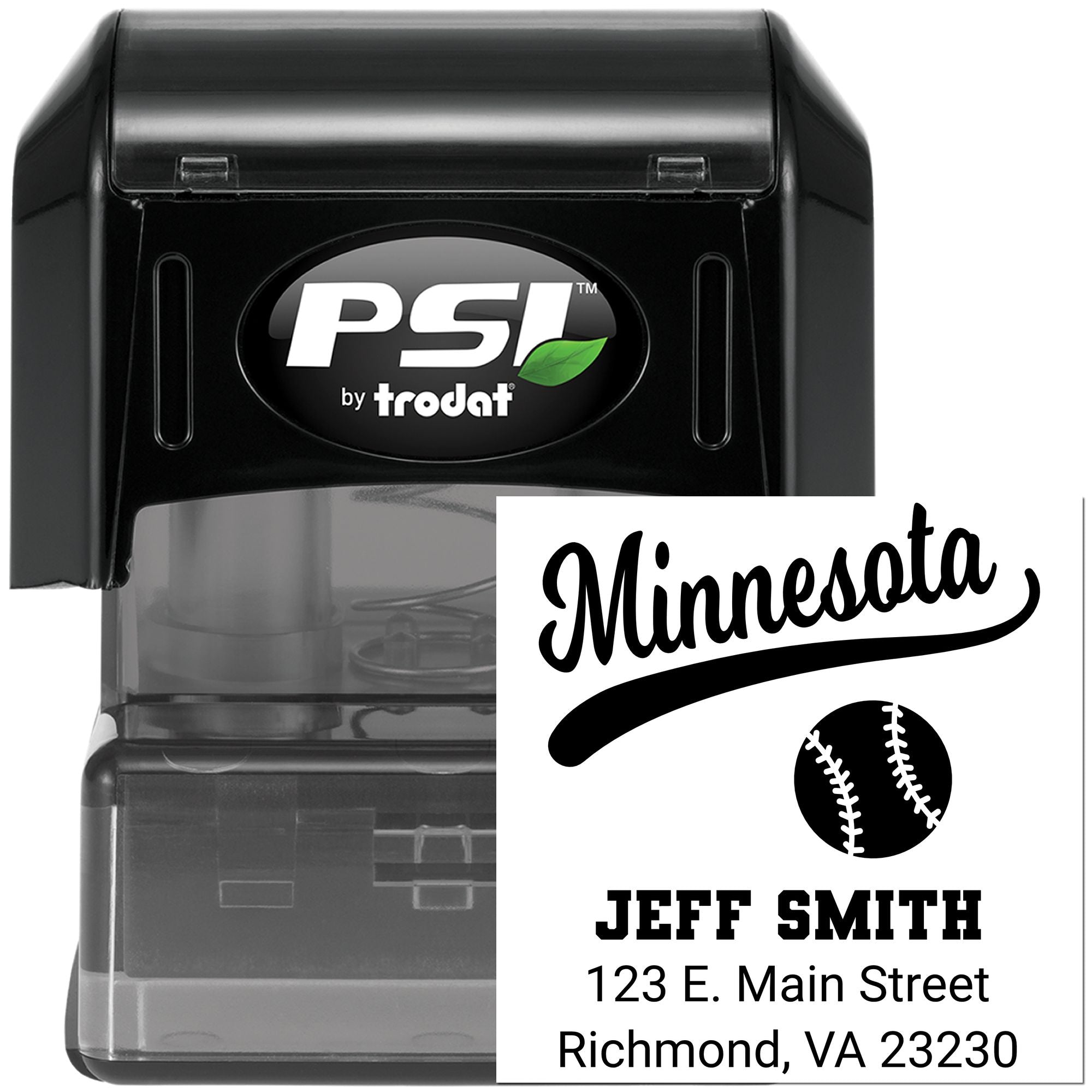 Custom self-inking rubber address stamp with baseball design, PSI by Trodat, featuring Minnesota name and address.
