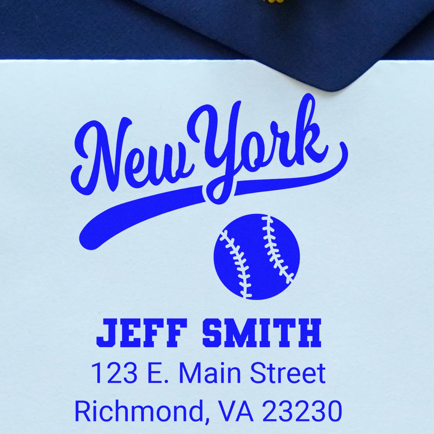 Custom New York baseball return address rubber stamp for Jeff Smith, Richmond, VA