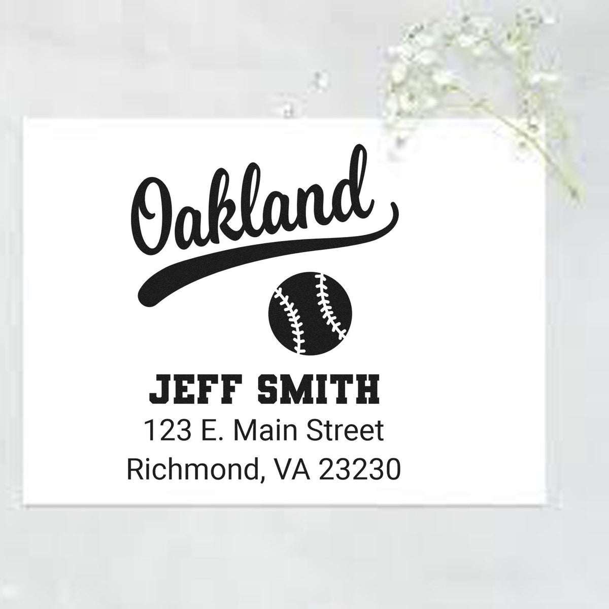 Custom Oakland baseball return address rubber stamp for Jeff Smith, Richmond, VA.