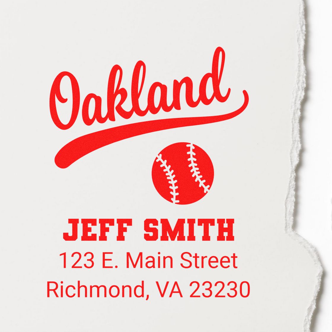 Custom Oakland baseball address rubber stamp for Jeff Smith, 123 E. Main Street, Richmond, VA 23230.