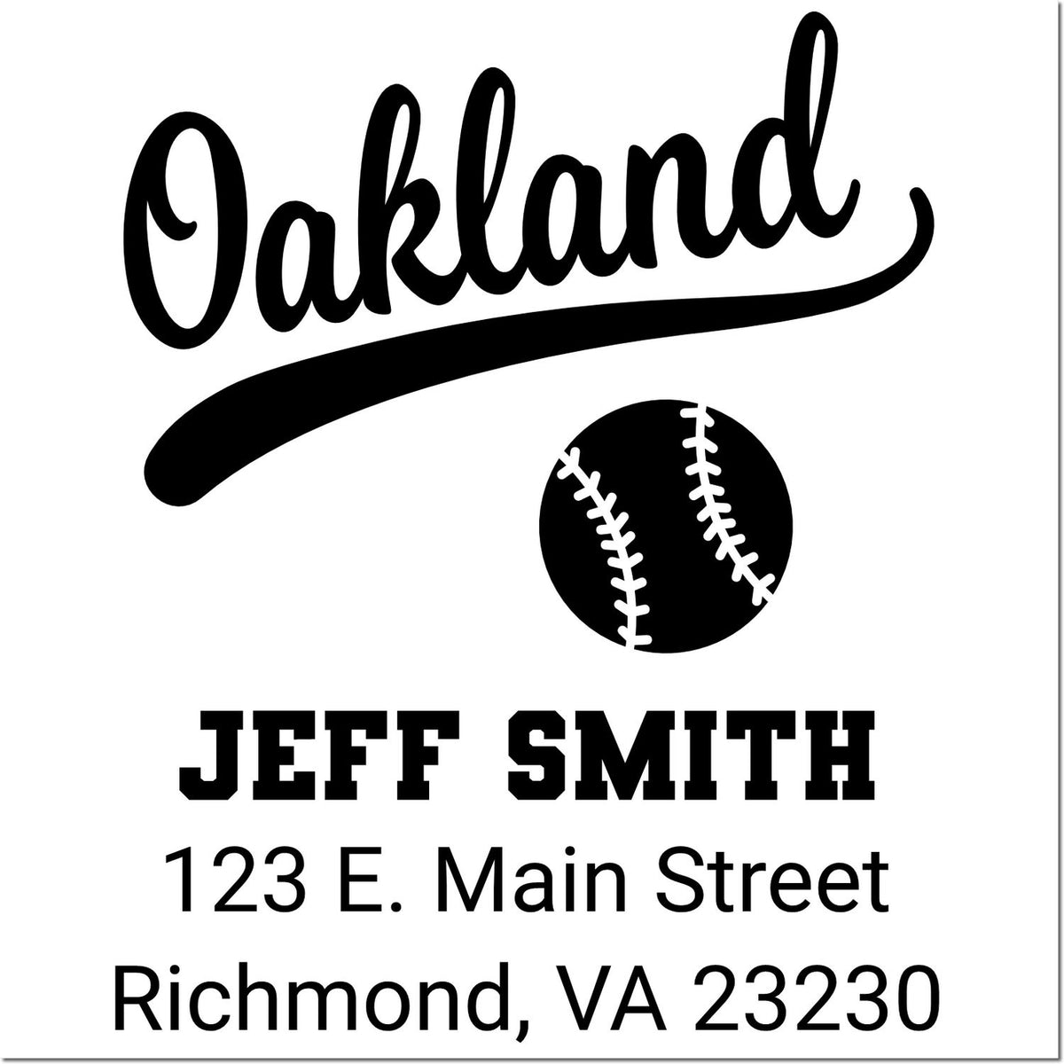 Oakland baseball return address rubber stamp for Jeff Smith, 123 E. Main Street, Richmond, VA 23230.