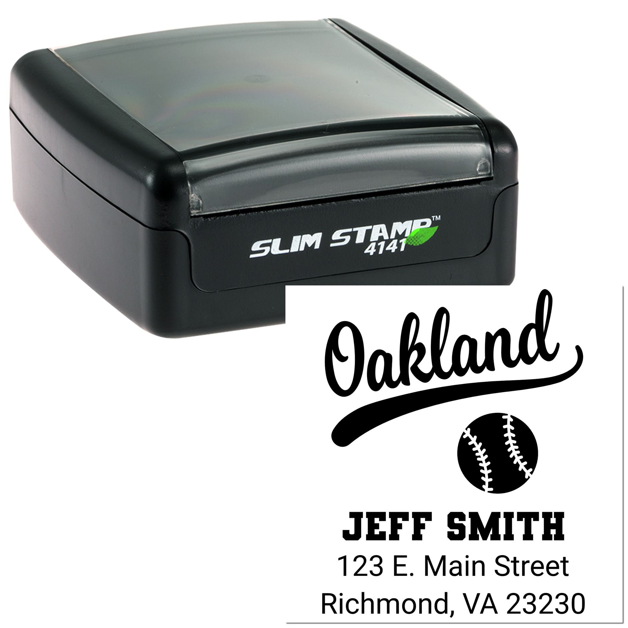 Custom slim rubber stamp with Oakland baseball design and Jeff Smith return address for envelopes and stationery