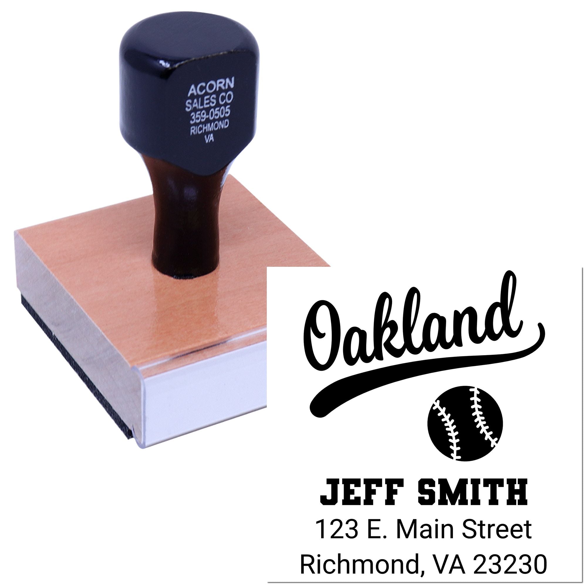 Custom baseball rubber stamp featuring Oakland design and name/address imprint for personalized sports branding.
