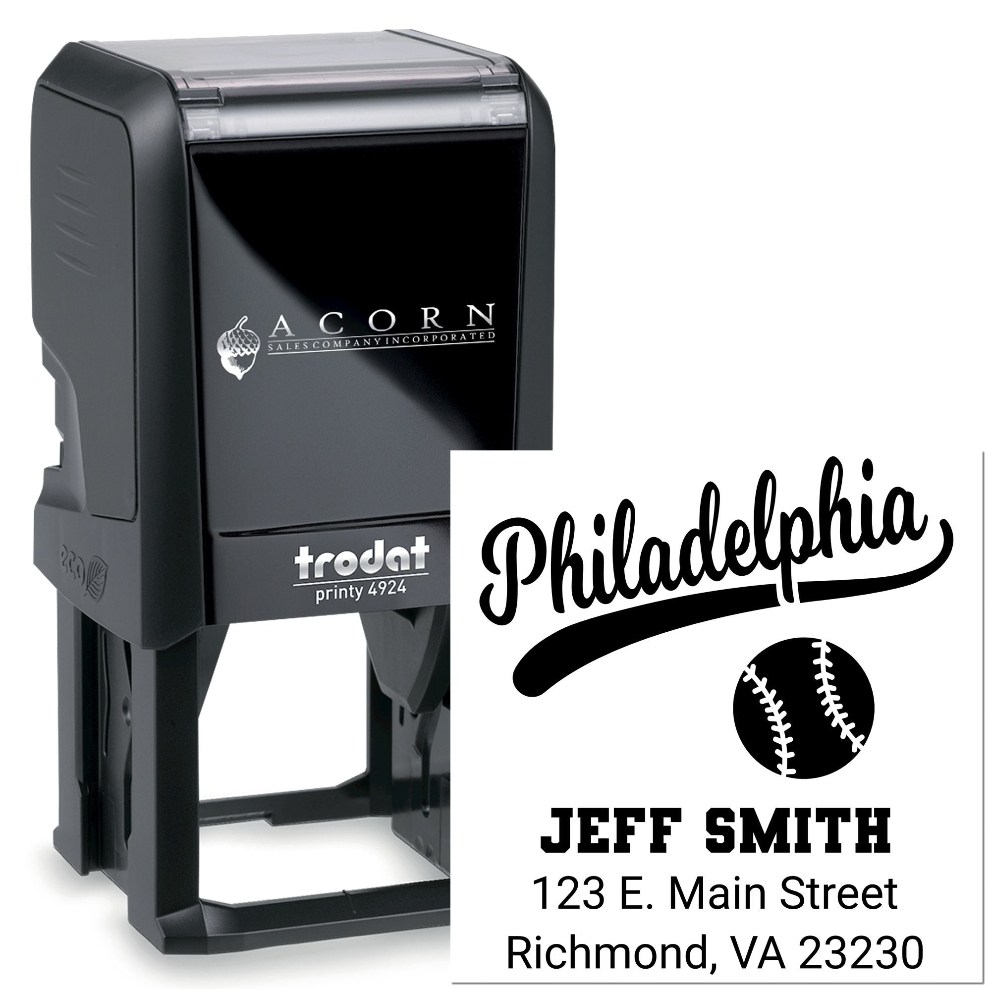Custom self-inking rubber stamp with Philadelphia baseball return address design, Trodat Printy style, personalized for Jeff Smith.