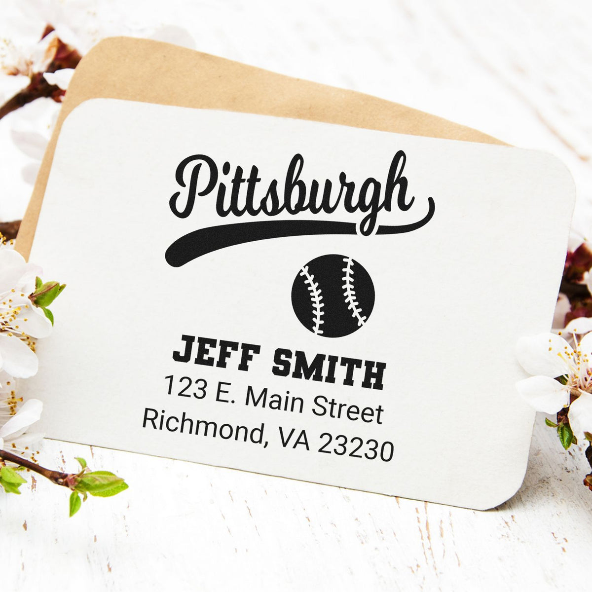 Custom Pittsburgh baseball return address rubber stamp for Jeff Smith, featuring name and mailing address.