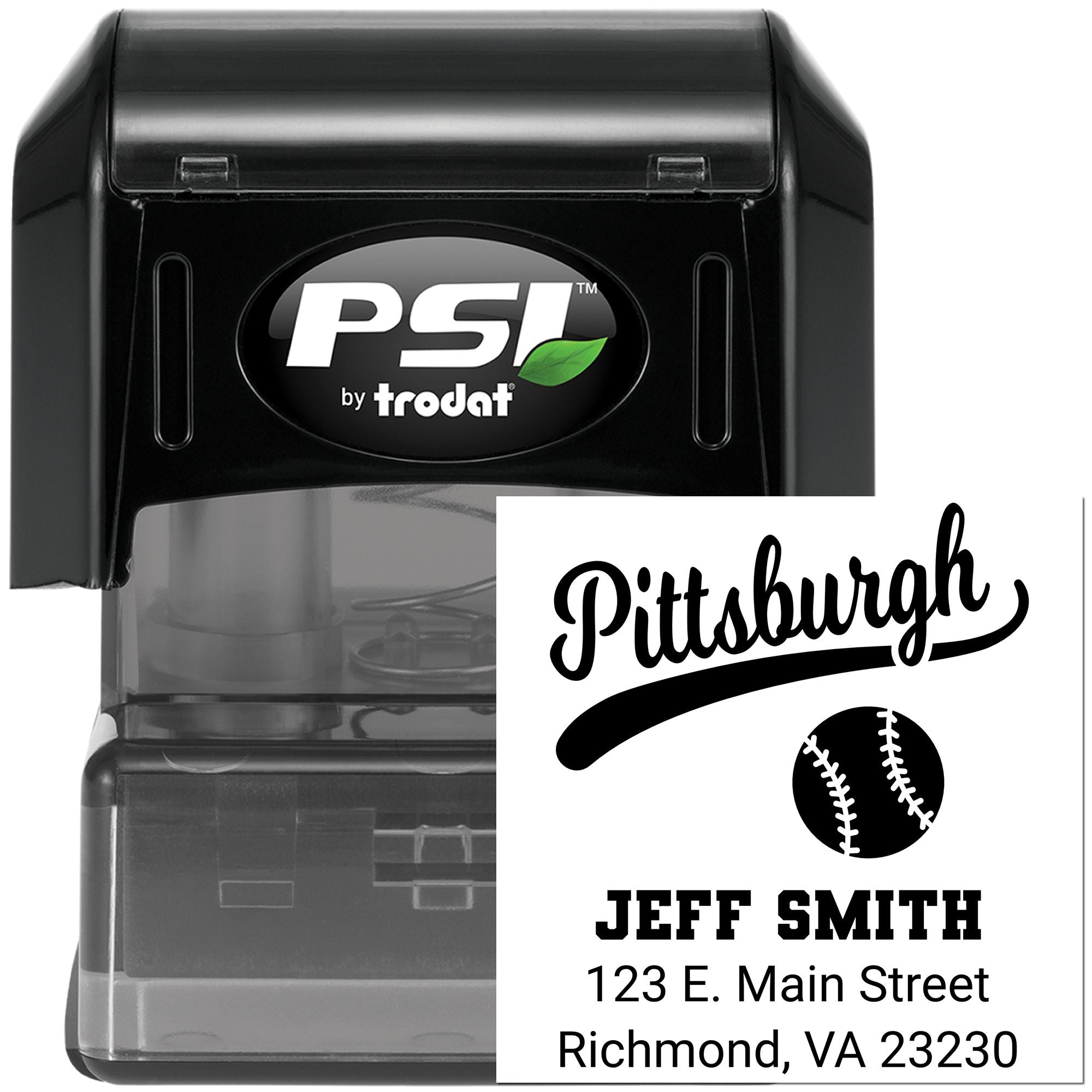 PSI by Trodat self-inking rubber stamp with custom Pittsburgh baseball address design for personalized stamping