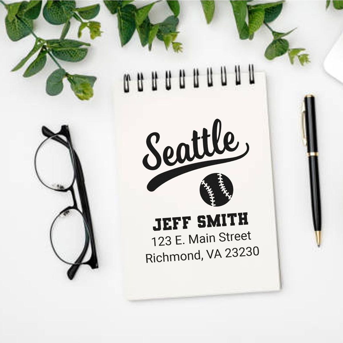 Custom Seattle baseball return address stamp with Jeff Smith name and address for personalized stationery.