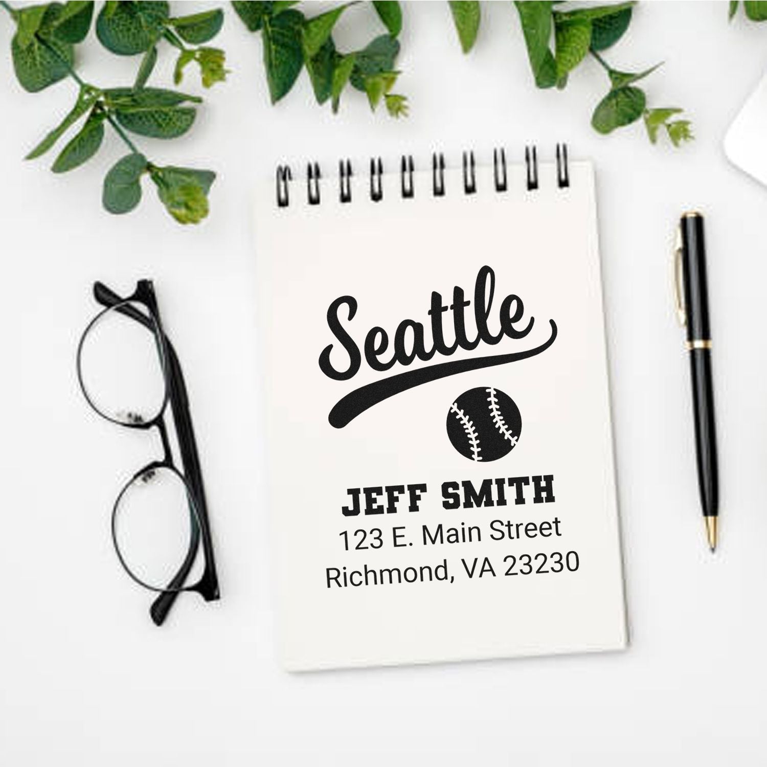 Custom Seattle baseball return address rubber stamp with name, street address and city for personalized stationery
