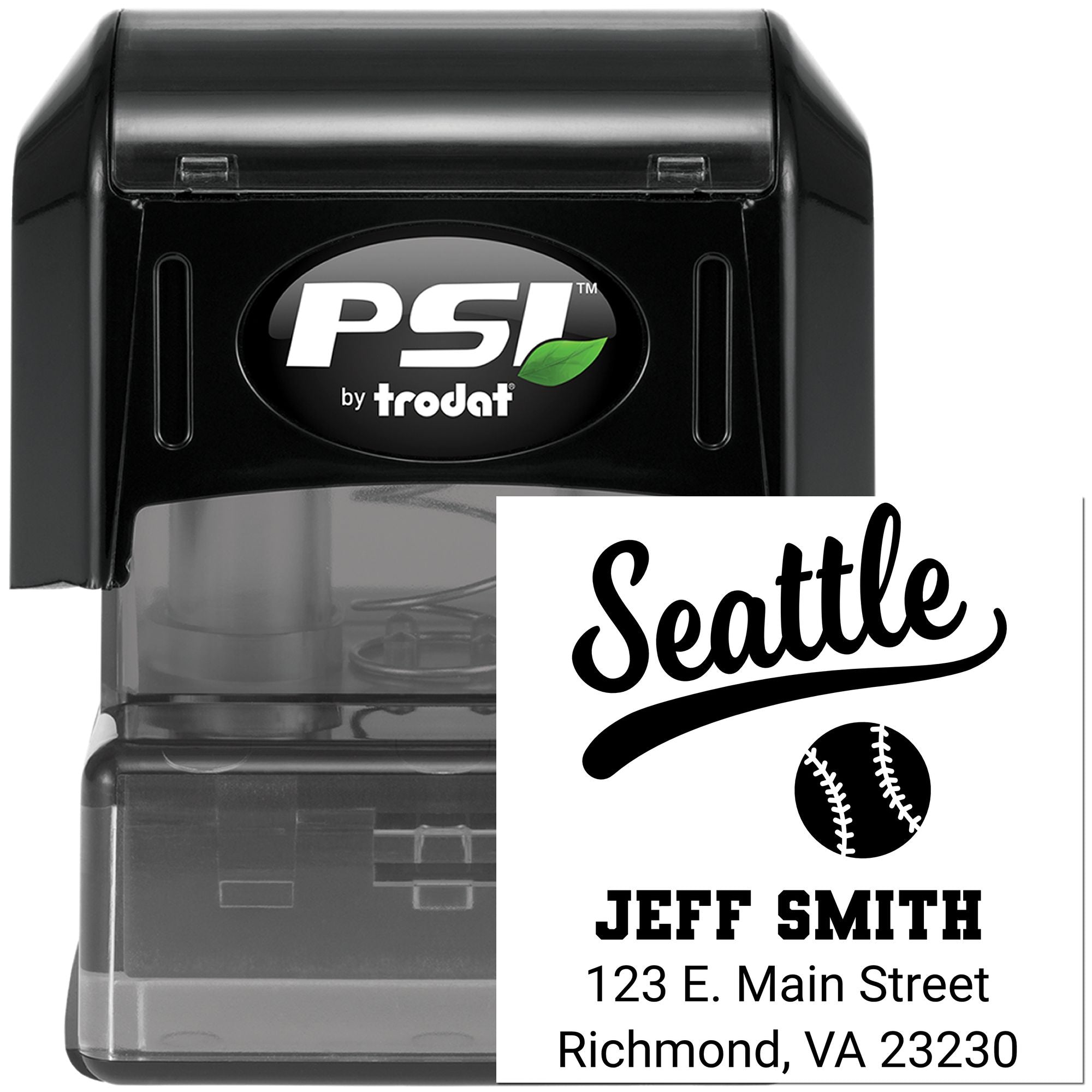 Custom baseball return address self-inking rubber stamp by PSI Trodat with Seattle design for Jeff Smith.