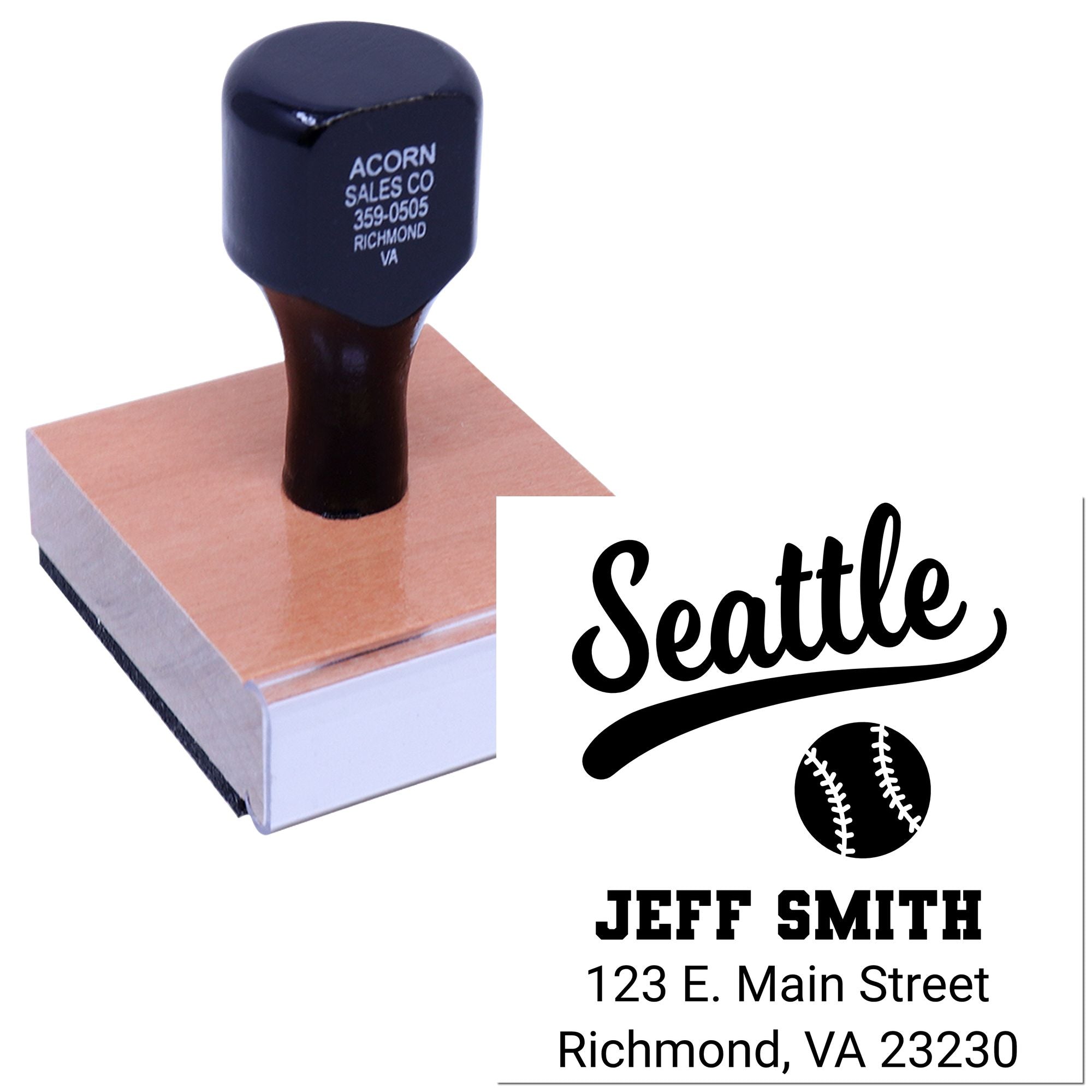 Custom baseball return address rubber stamp with Seattle design, Jeff Smith name, and Richmond, VA 23230.