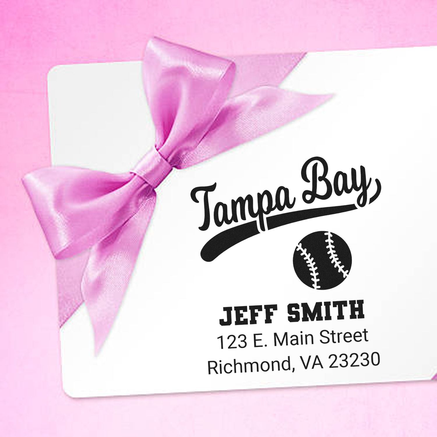 Personalized Tampa Bay baseball return address rubber stamp with name and address for envelopes and gift packaging.