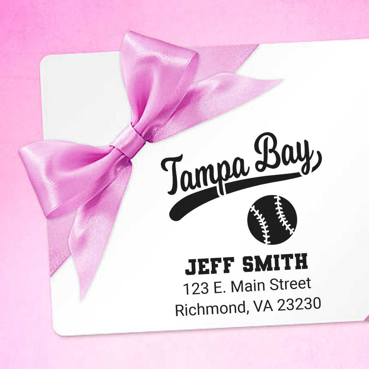 Custom Tampa Bay baseball return address rubber stamp with name, address and pink ribbon gift packaging.