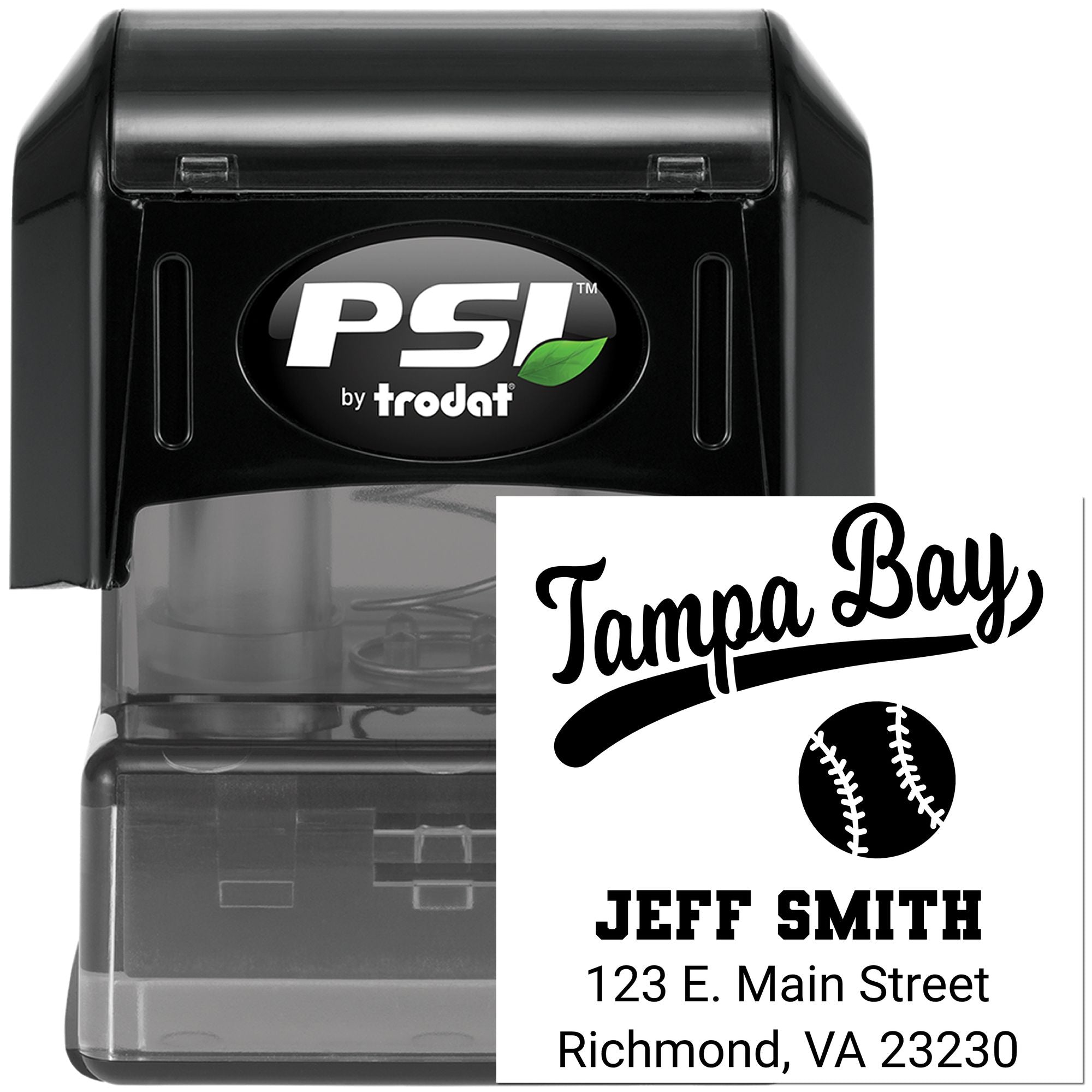 Custom self-inking rubber stamp by PSI by Trodat with Tampa Bay baseball return address design and address imprint.
